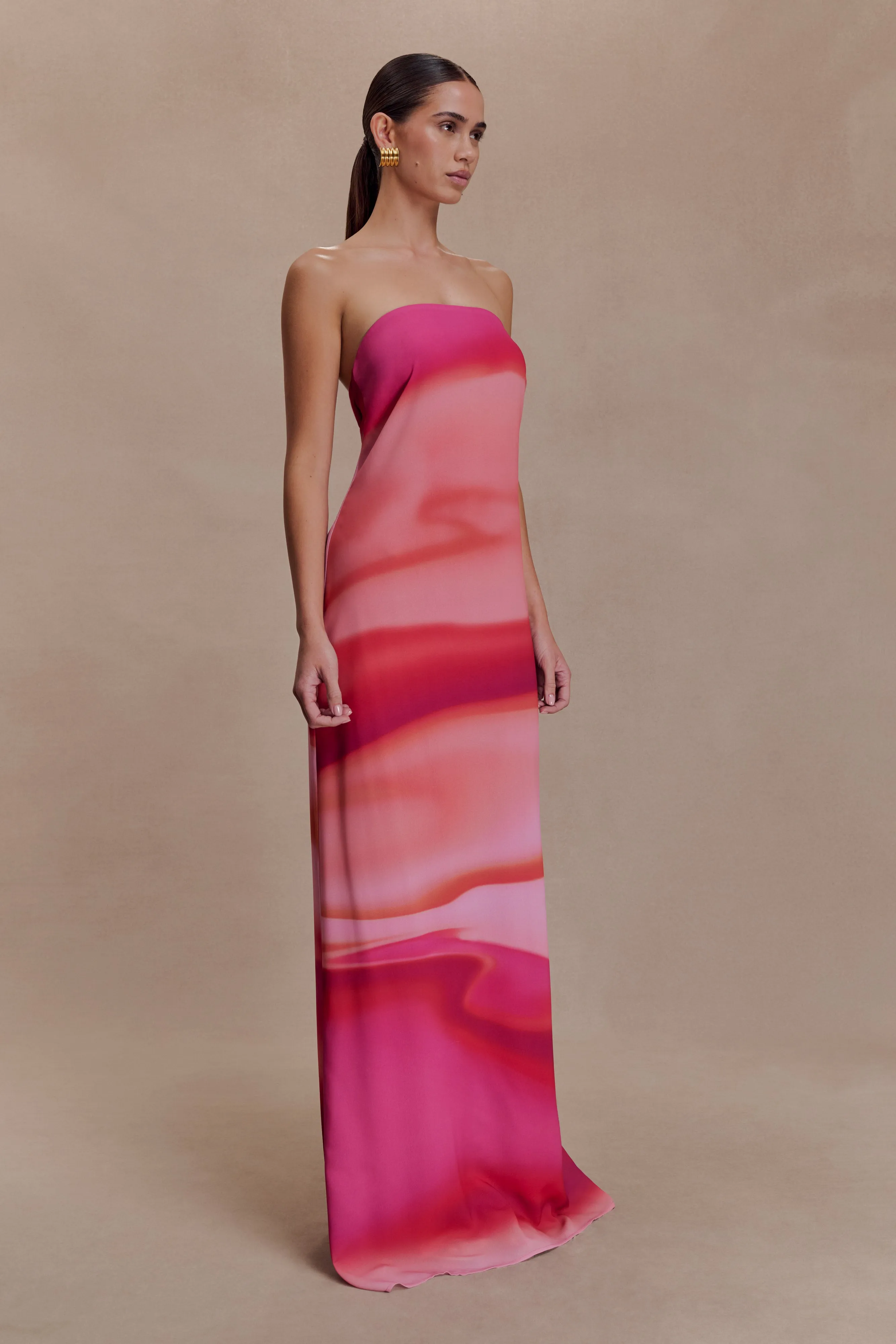 Amaya Strapless Chiffon Maxi Dress - Pink Sunset Print sold by Meshki product image thumbnail 4