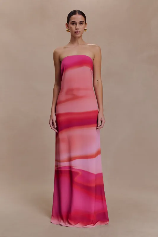 Amaya Strapless Chiffon Maxi Dress - Pink Sunset Print sold by Meshki