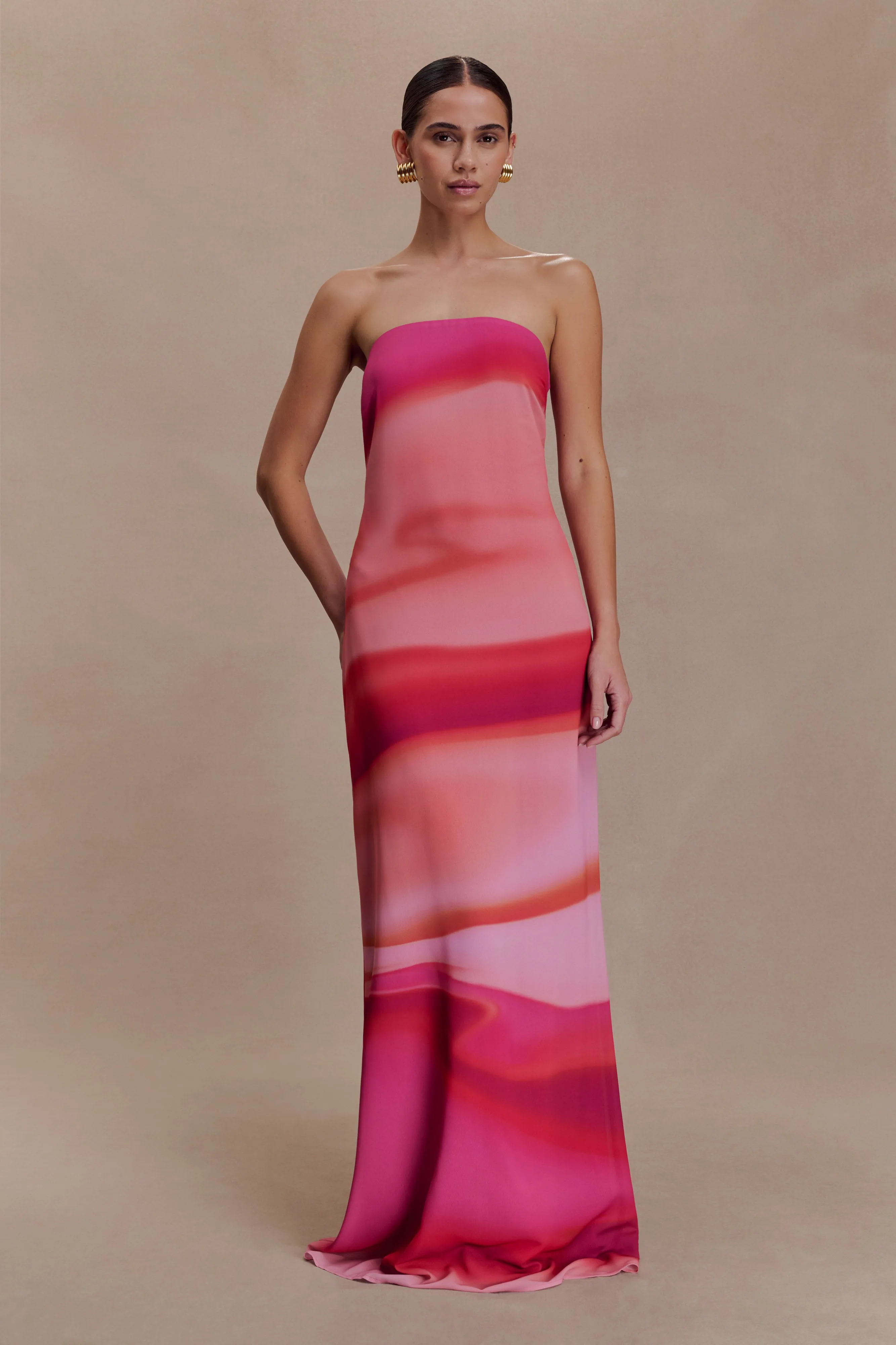 Amaya Strapless Chiffon Maxi Dress - Pink Sunset Print sold by Meshki product image thumbnail 5