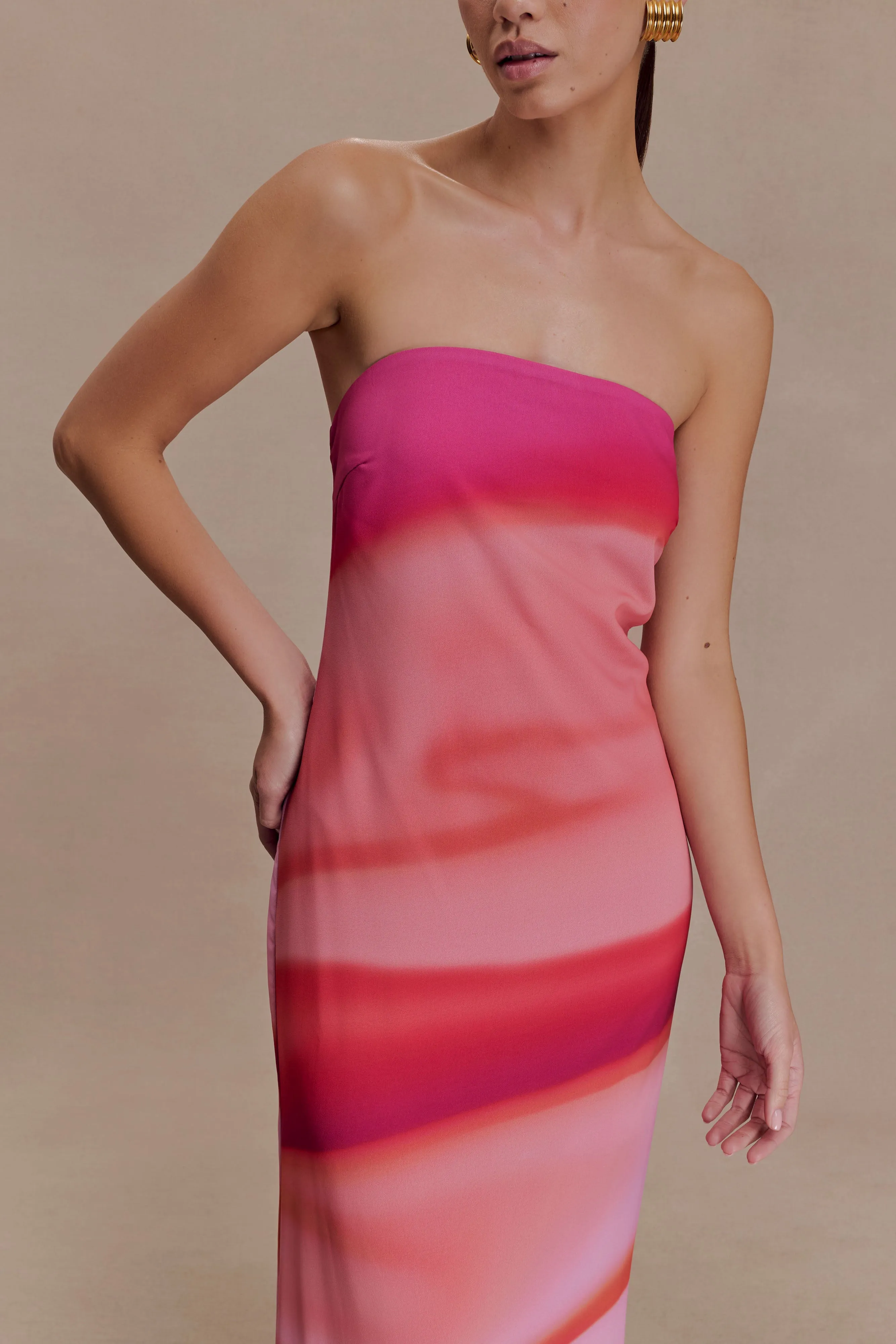 Amaya Strapless Chiffon Maxi Dress - Pink Sunset Print sold by Meshki product image thumbnail 3