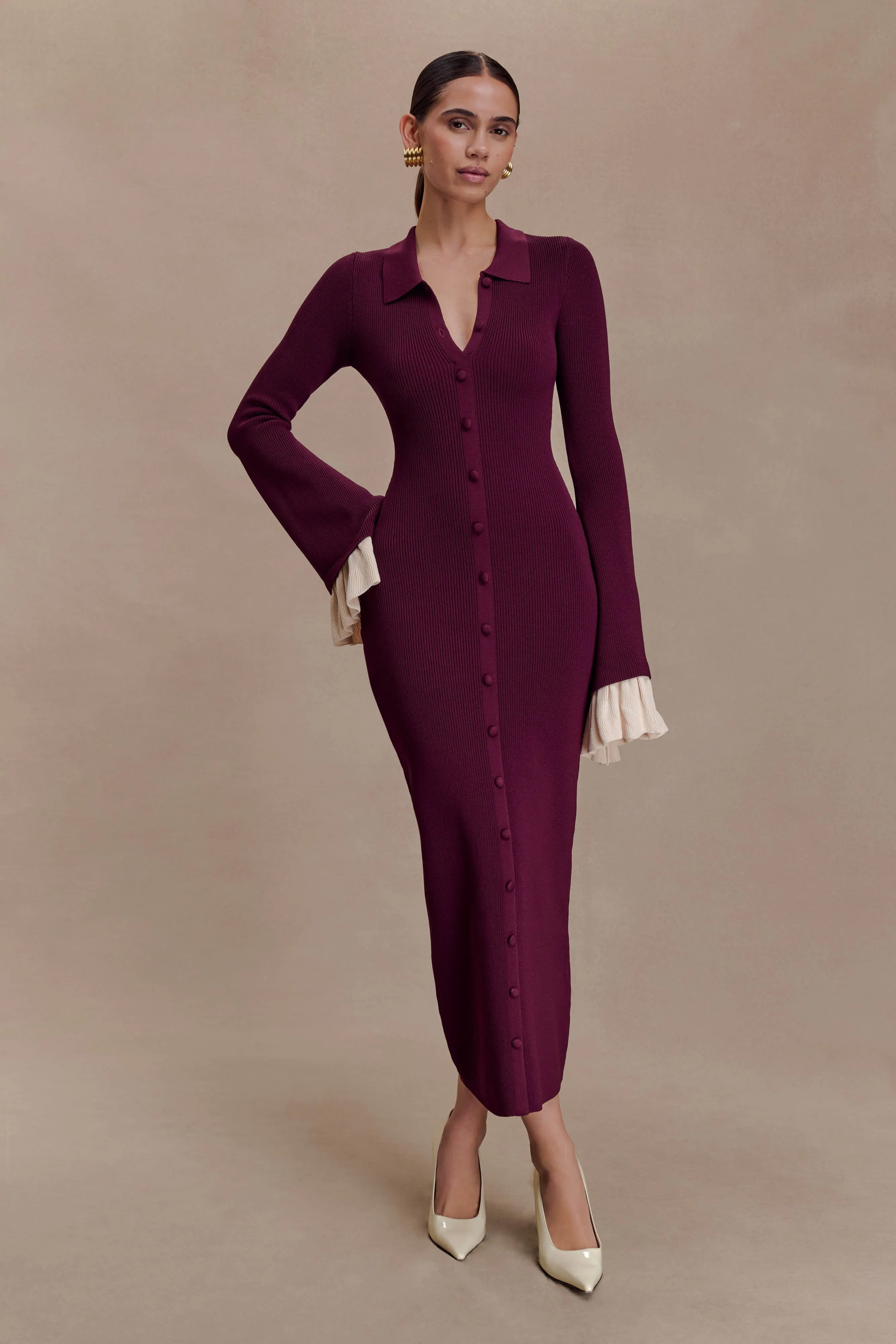 Amirose Ruffle Knit Midi Dress - Plum sold by Meshki product image thumbnail 4
