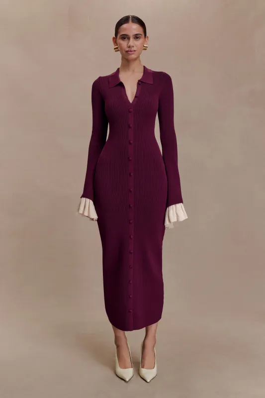 Amirose Ruffle Knit Midi Dress - Plum made by Meshki