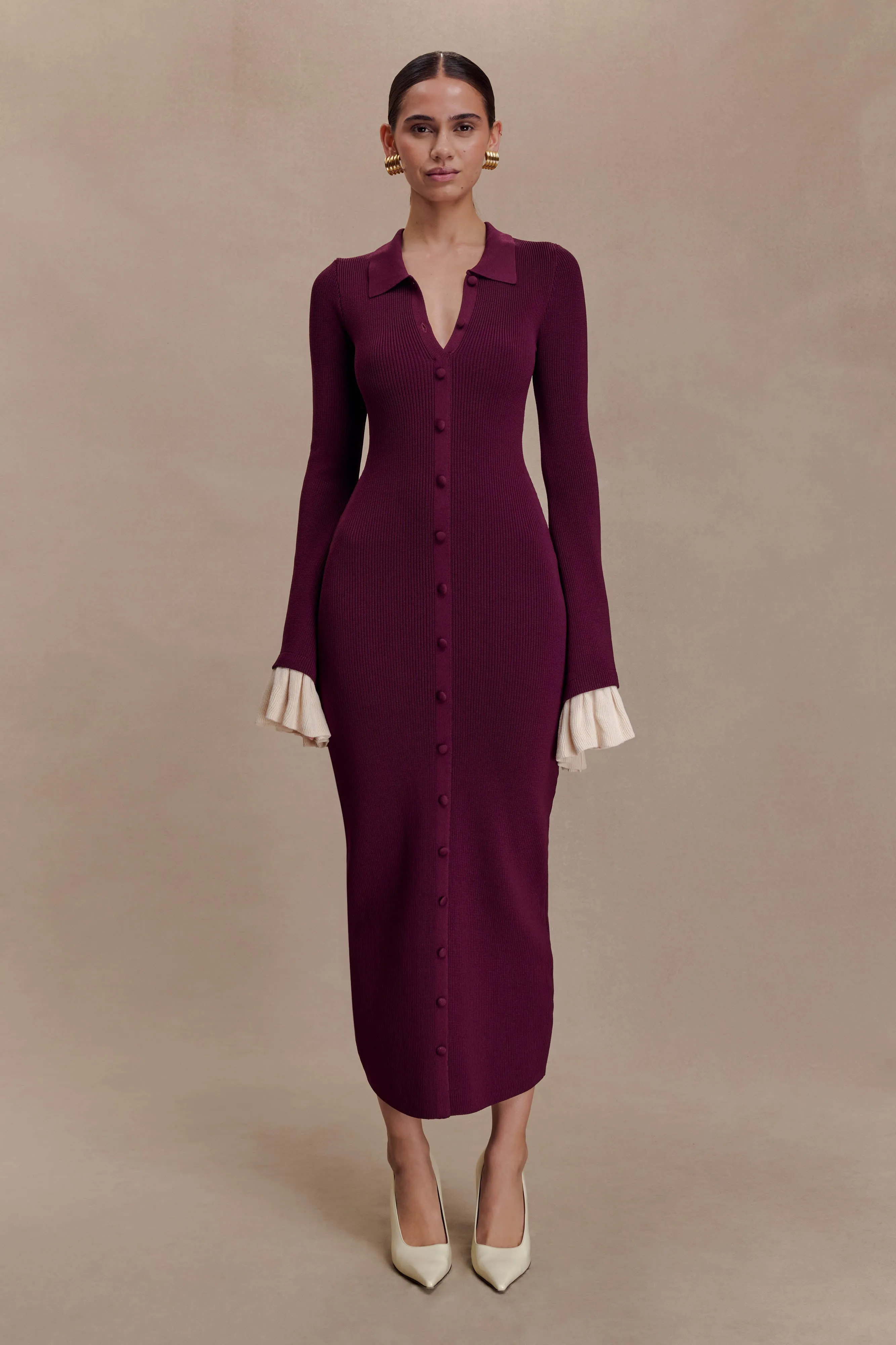 Amirose Ruffle Knit Midi Dress - Plum sold by Meshki