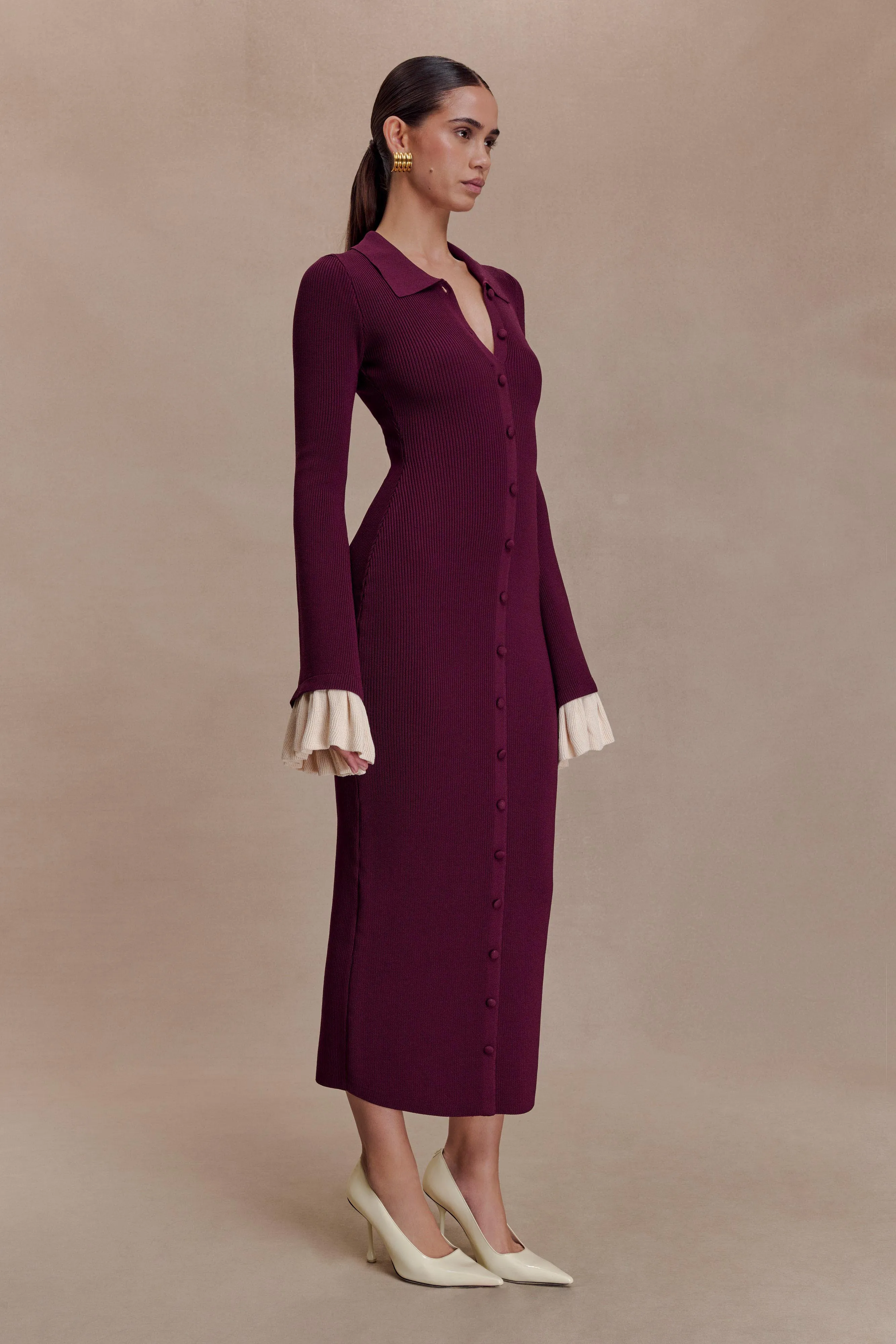 Amirose Ruffle Knit Midi Dress - Plum sold by Meshki product image thumbnail 3
