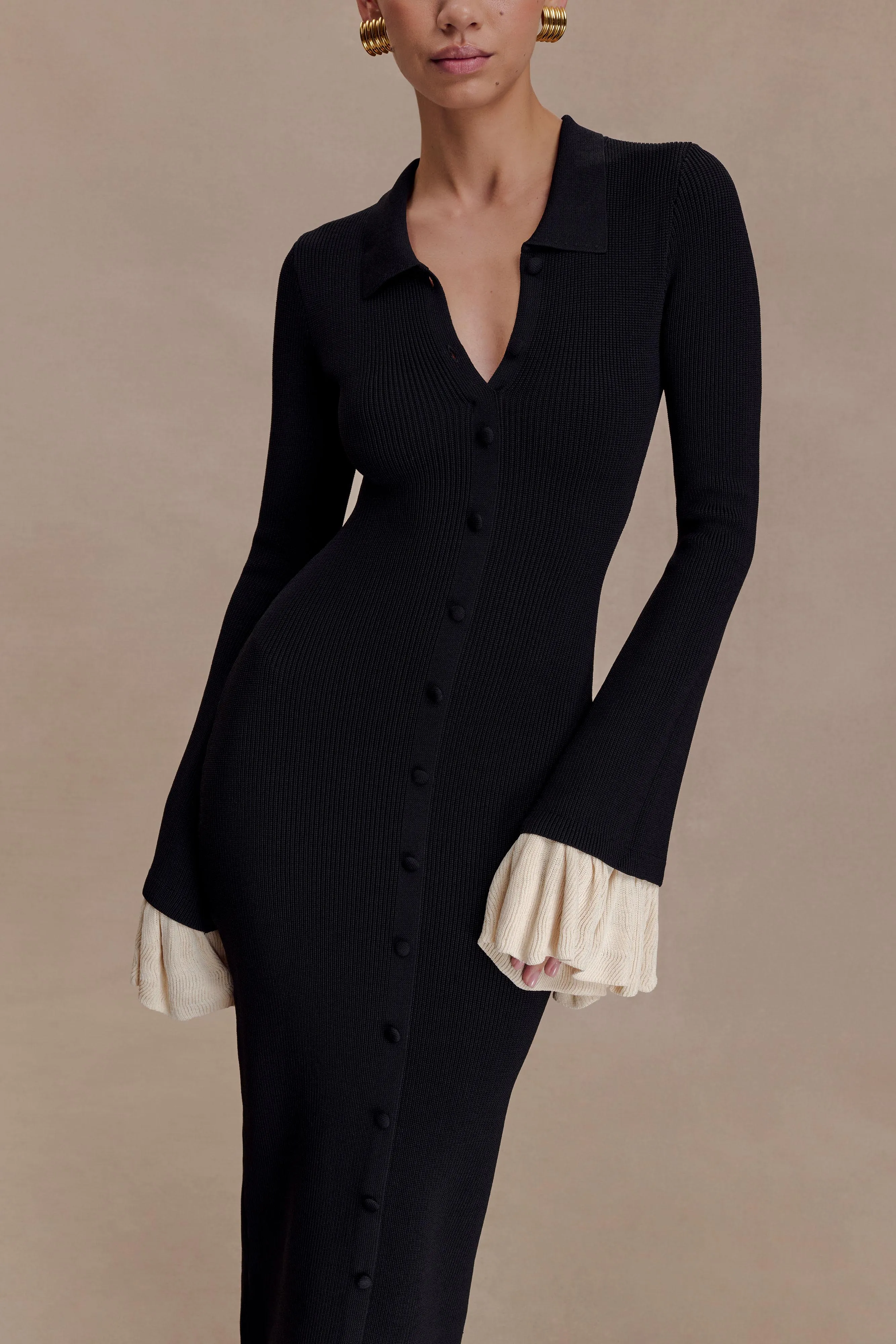 Amirose Ruffle Knit Midi Dress - Black sold by Meshki product image thumbnail 3