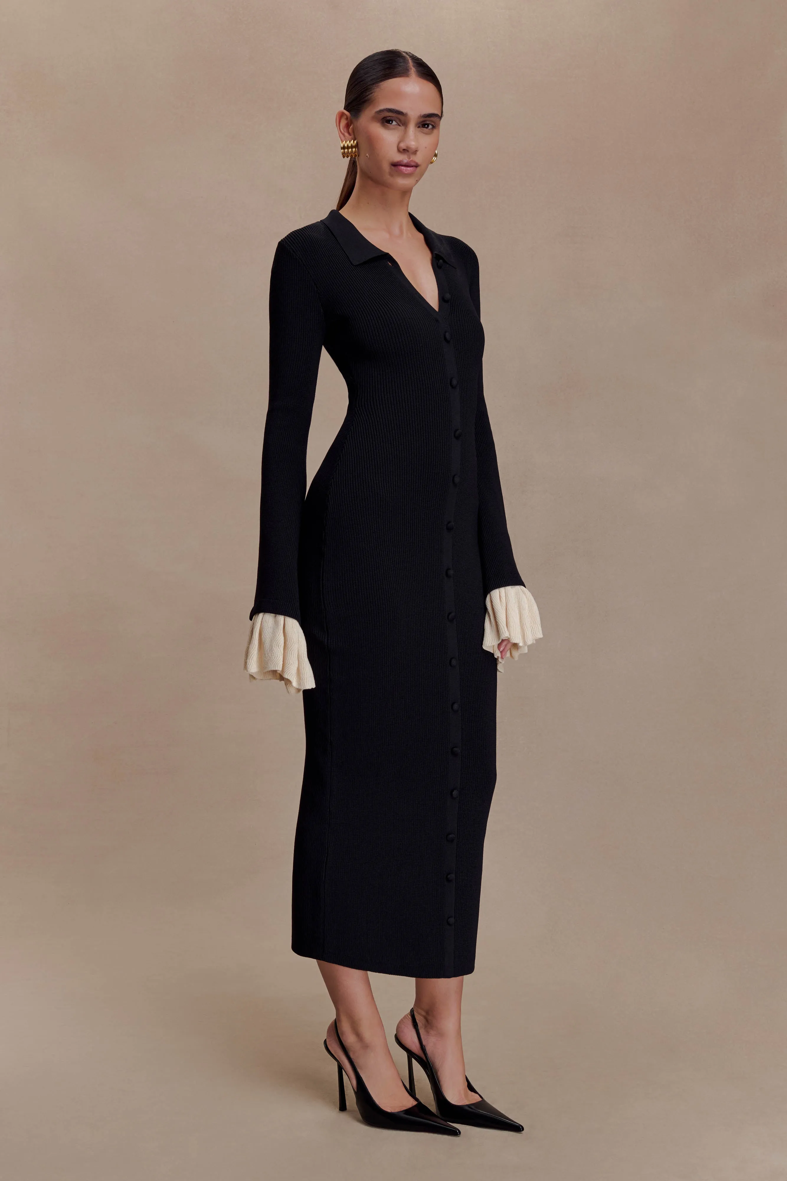 Amirose Ruffle Knit Midi Dress - Black sold by Meshki product image thumbnail 4