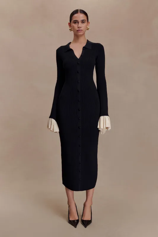 Amirose Ruffle Knit Midi Dress - Black made by Meshki