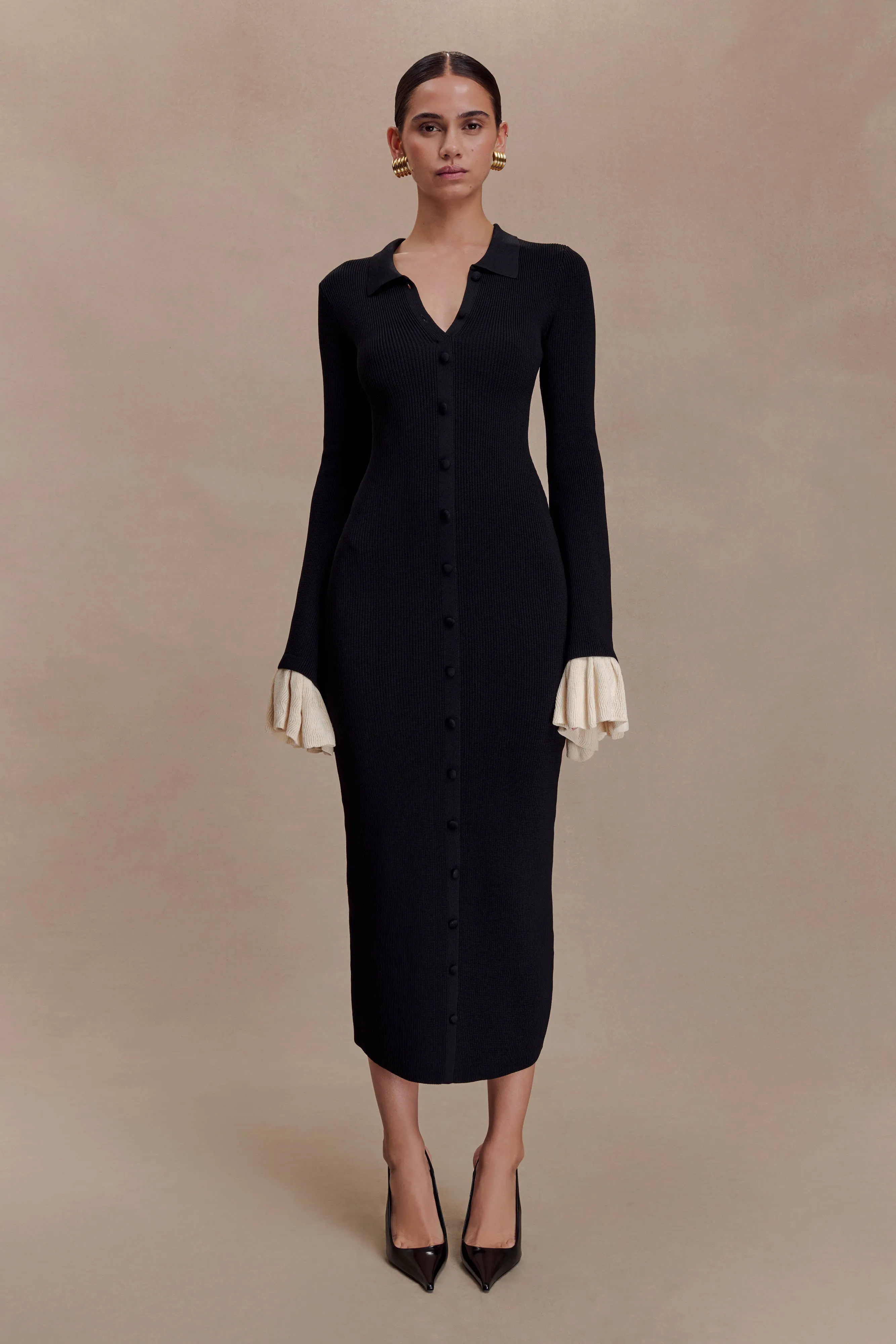 Amirose Ruffle Knit Midi Dress - Black sold by Meshki