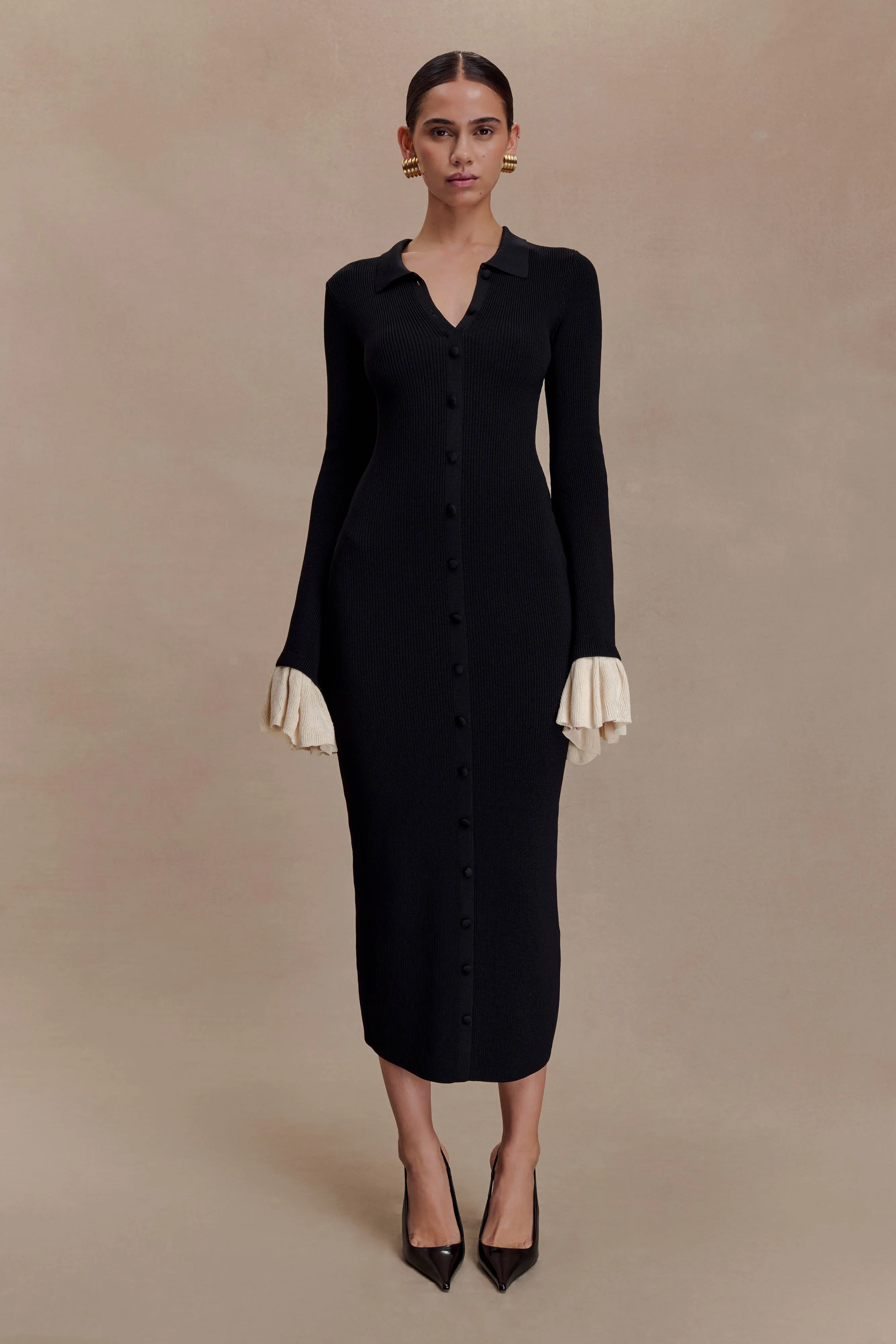 Amirose Ruffle Knit Midi Dress - Black sold by Meshki product image thumbnail 5