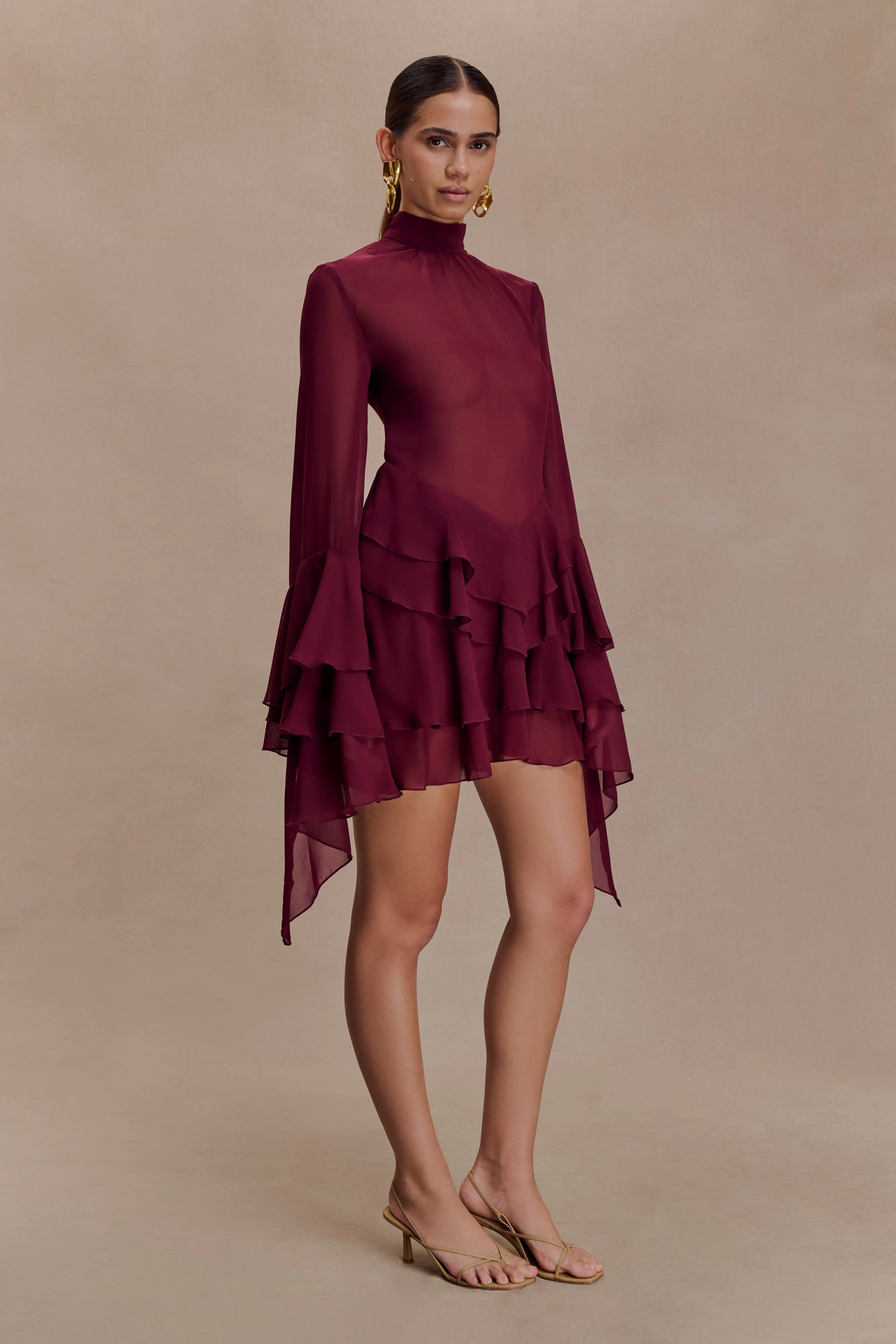 Nimah Chiffon Ruffle Mini Dress - Wine sold by Meshki product image thumbnail 3