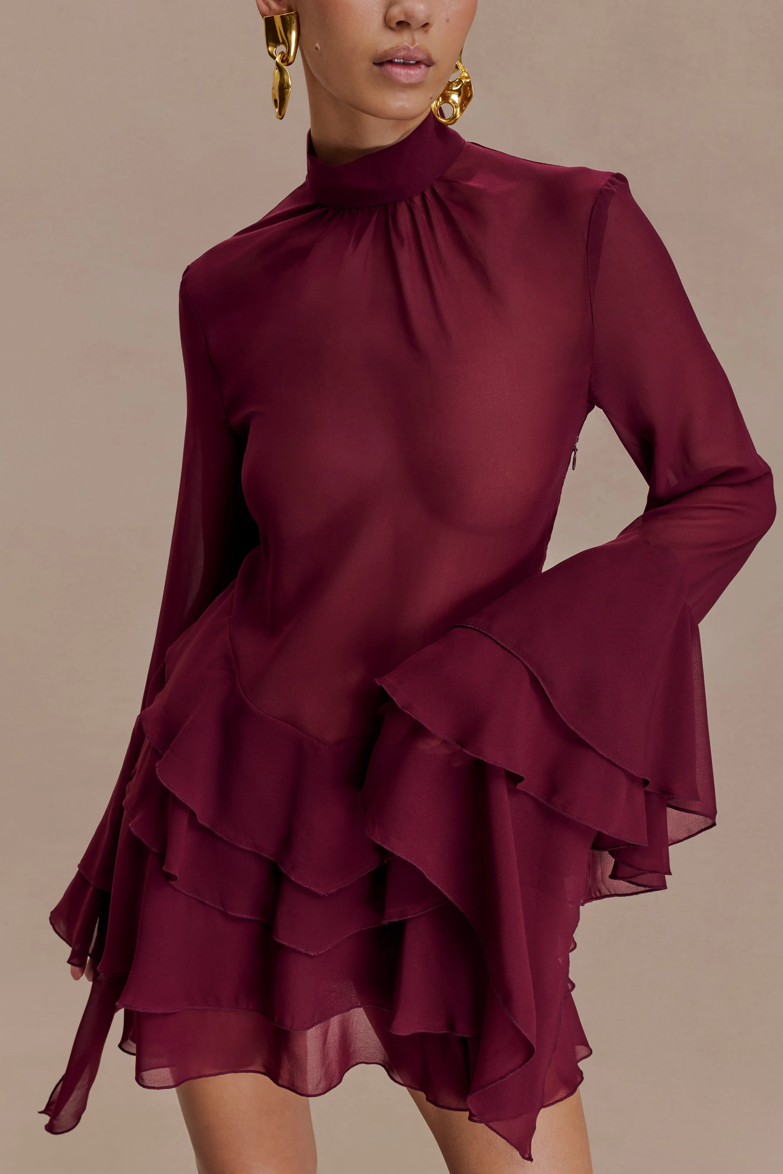 Nimah Chiffon Ruffle Mini Dress - Wine sold by Meshki product image thumbnail 4