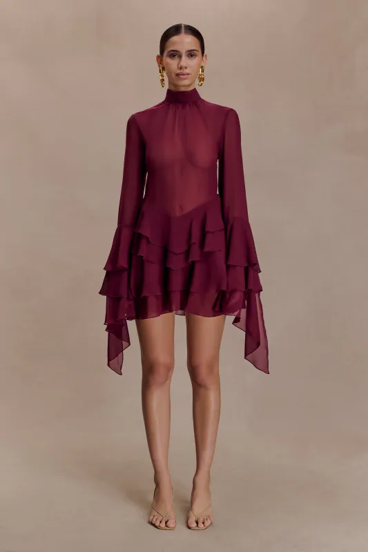 Nimah Chiffon Ruffle Mini Dress - Wine sold by Meshki