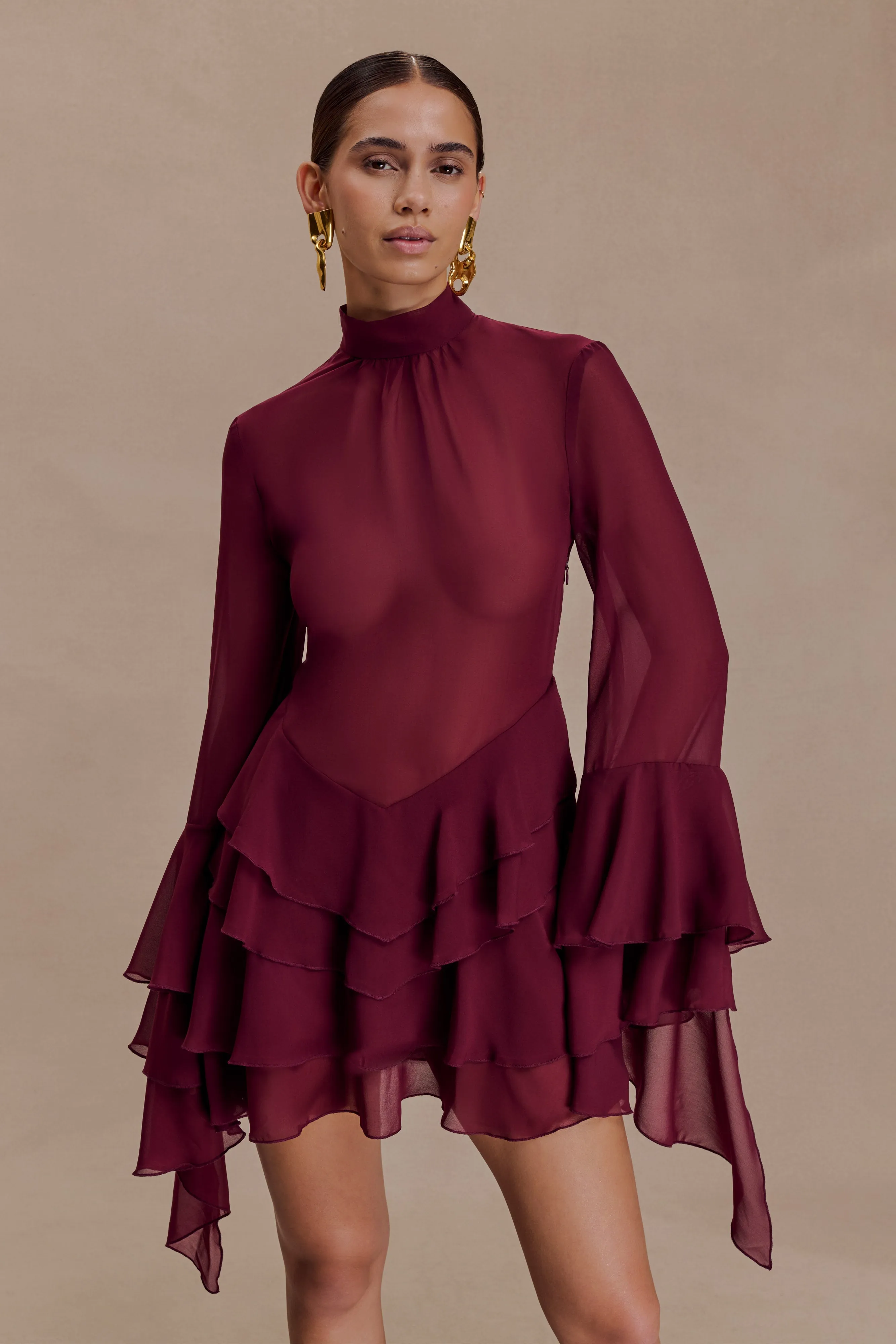Nimah Chiffon Ruffle Mini Dress - Wine sold by Meshki product image thumbnail 5