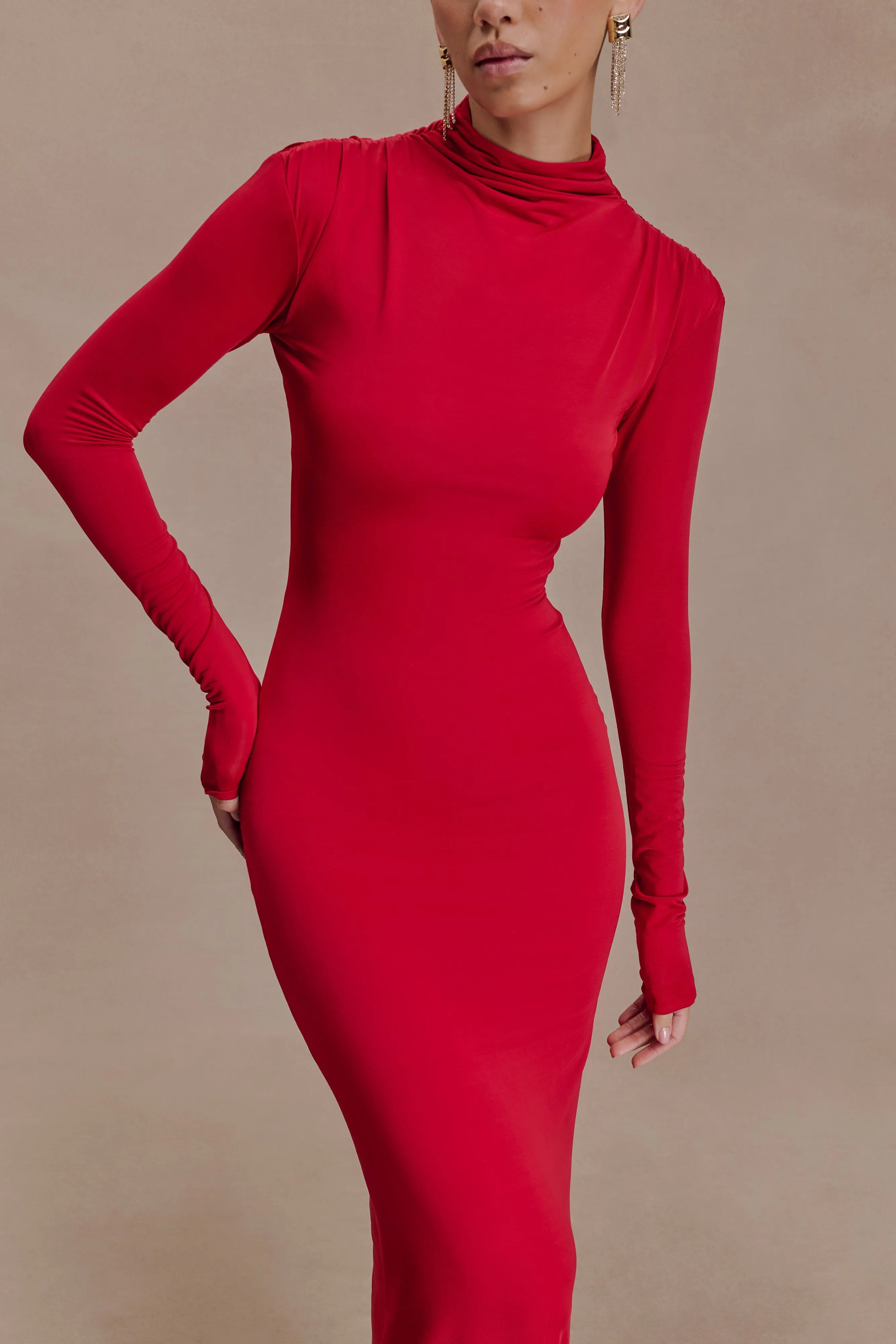 Kiyah Slinky Cut Out Maxi Dress - Red sold by Meshki product image thumbnail 2