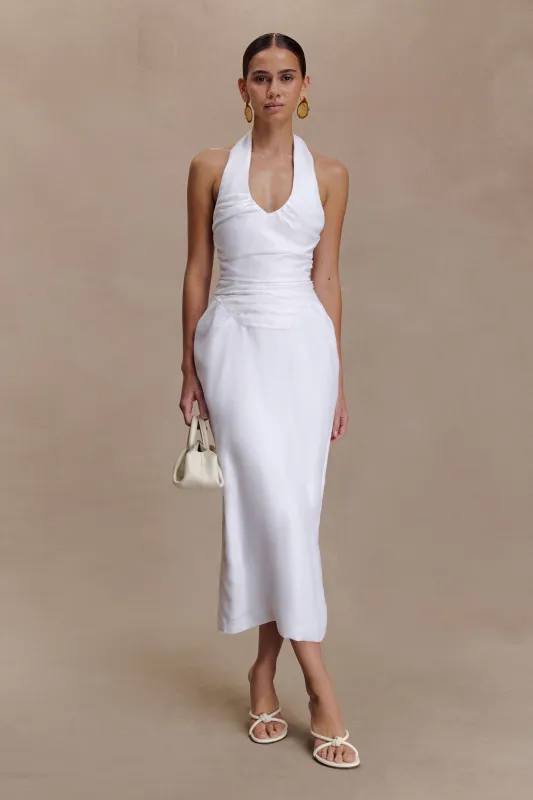 Daniela Ruched Halter Midi Dress - White sold by Meshki