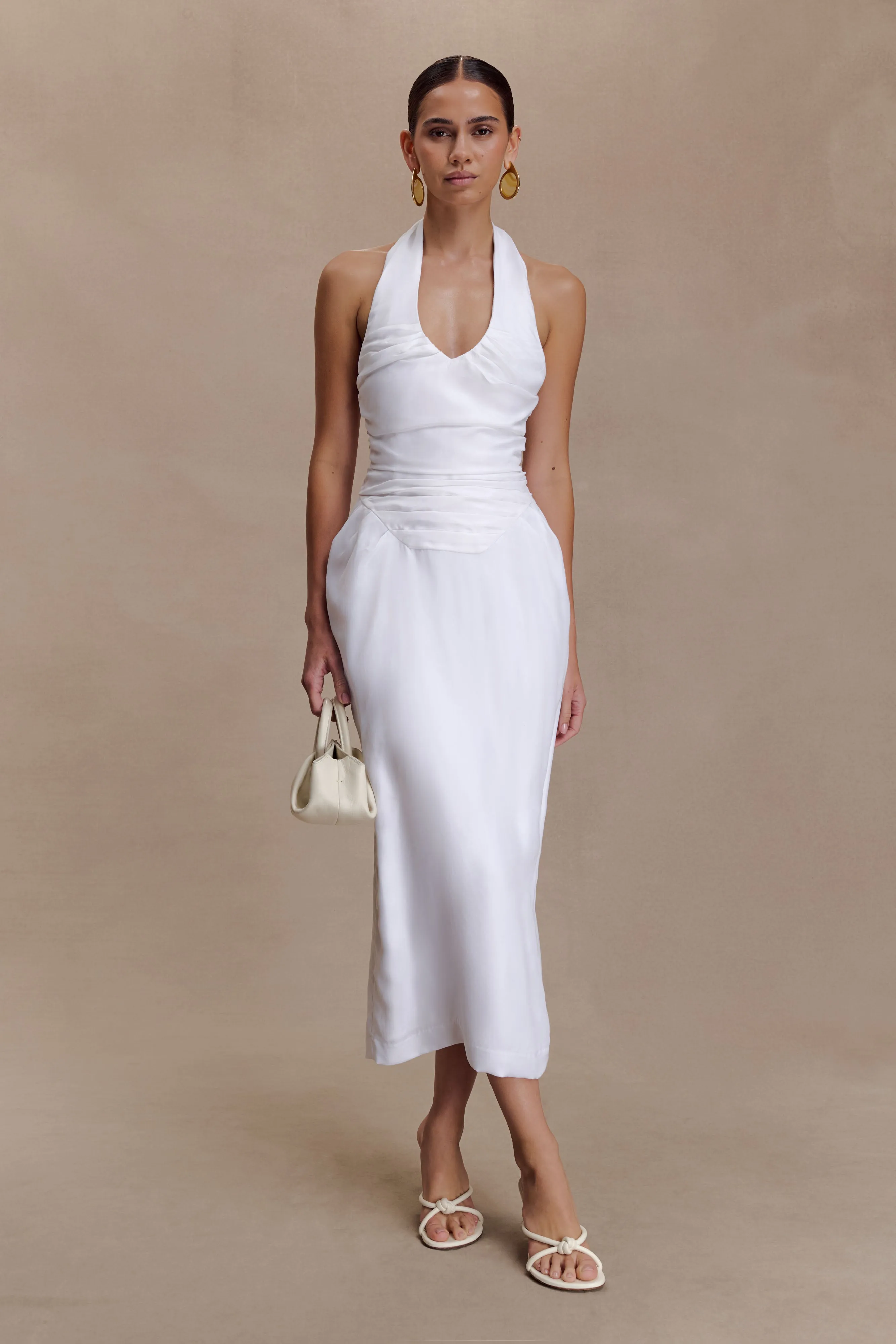 Daniela Ruched Halter Midi Dress - White sold by Meshki