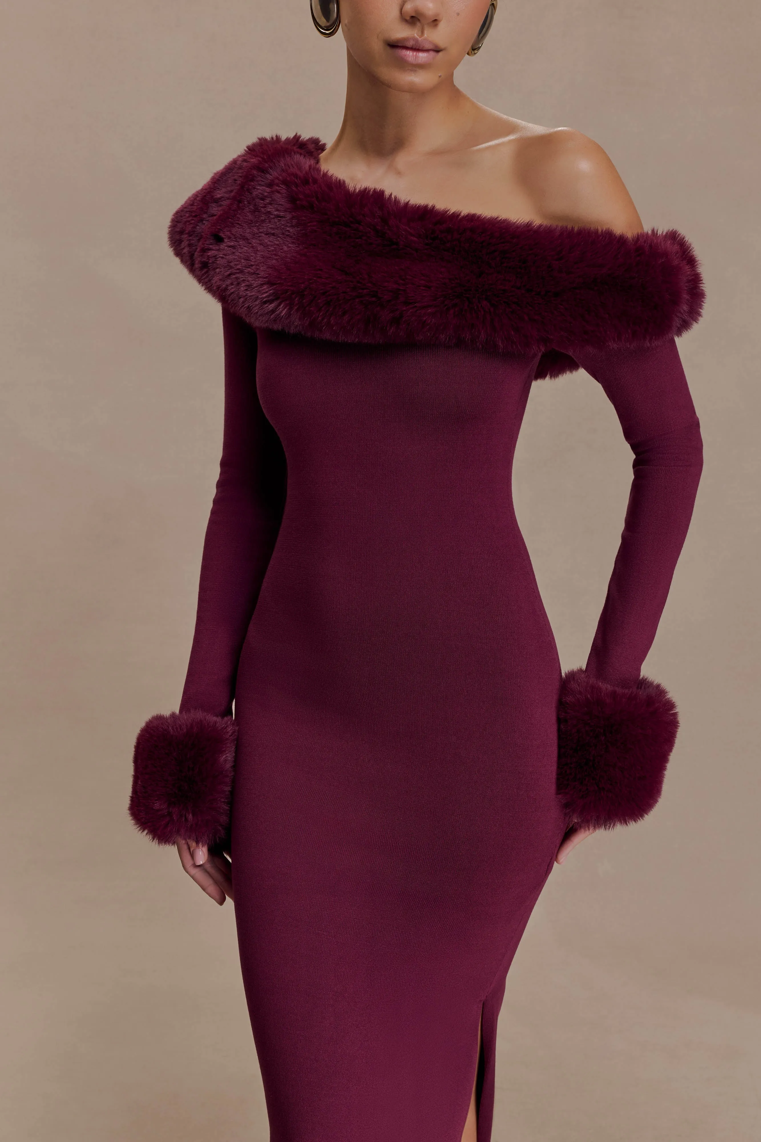 Karleigh Faux Fur Knit Maxi Dress - Plum sold by Meshki product image thumbnail 3