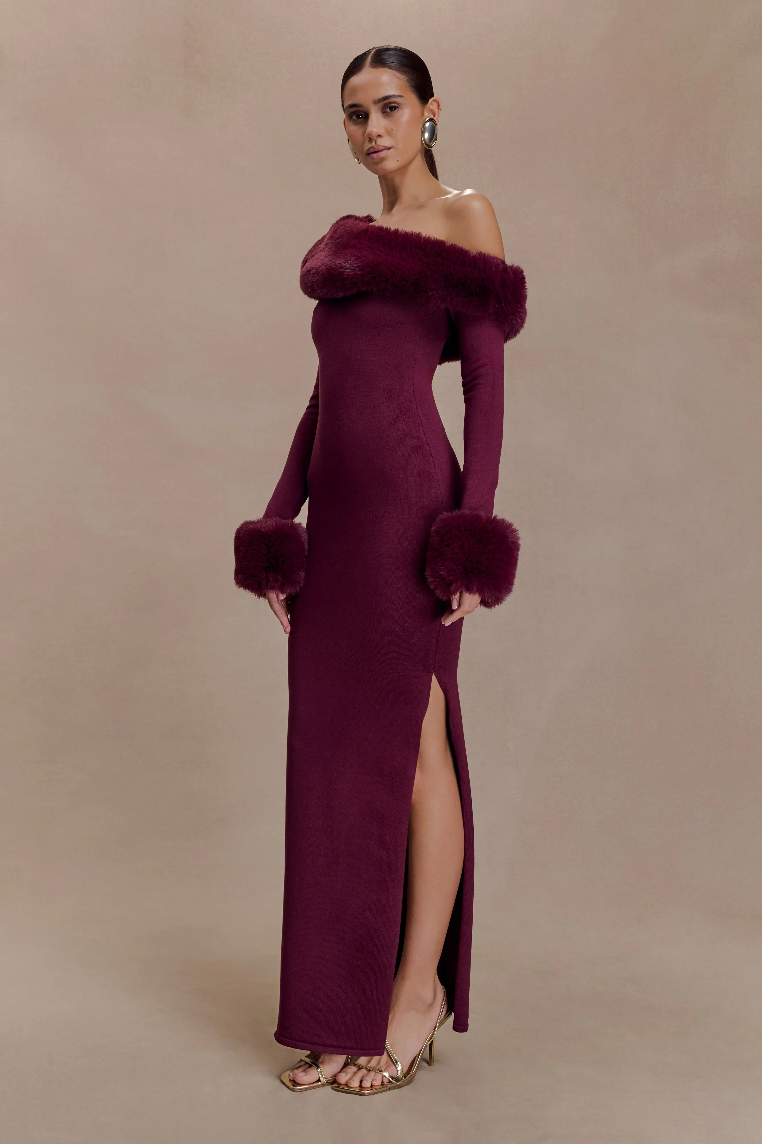 Karleigh Faux Fur Knit Maxi Dress - Plum sold by Meshki product image thumbnail 4