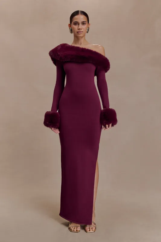 Karleigh Faux Fur Knit Maxi Dress - Plum sold by Meshki
