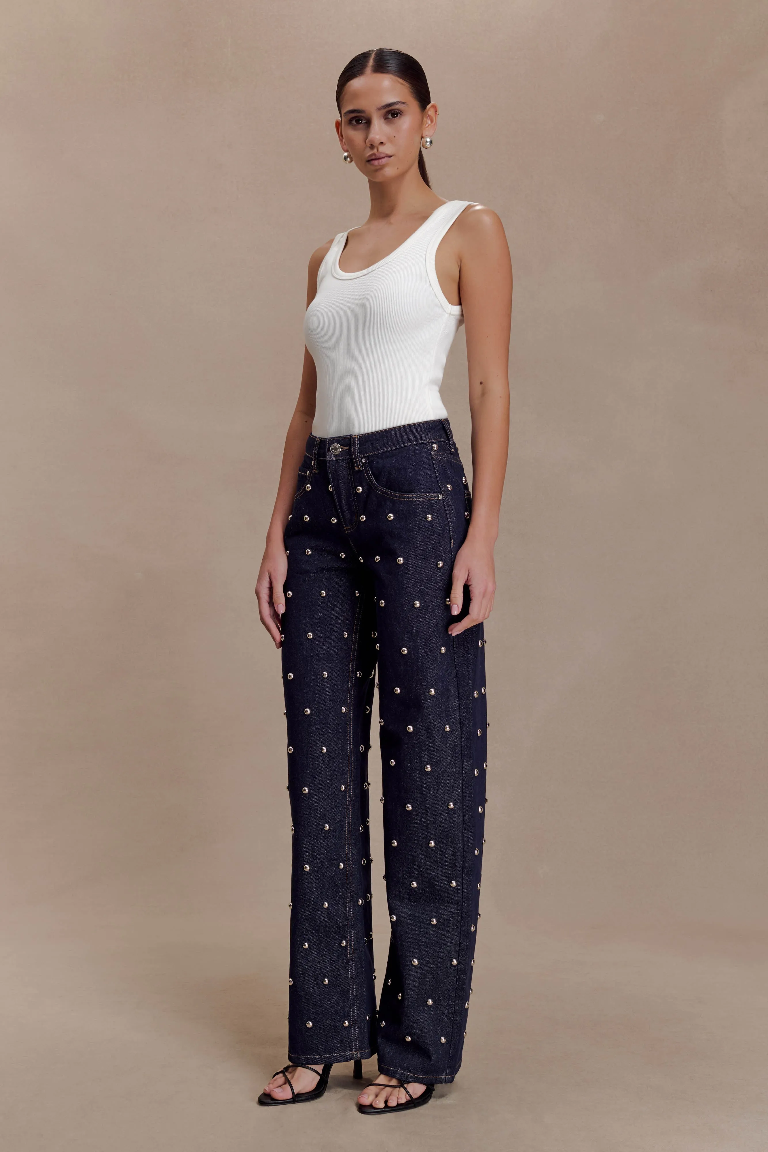 Alima Mid Rise Stud Denim Jeans - Washed Indigo Blue sold by Meshki product image thumbnail 4