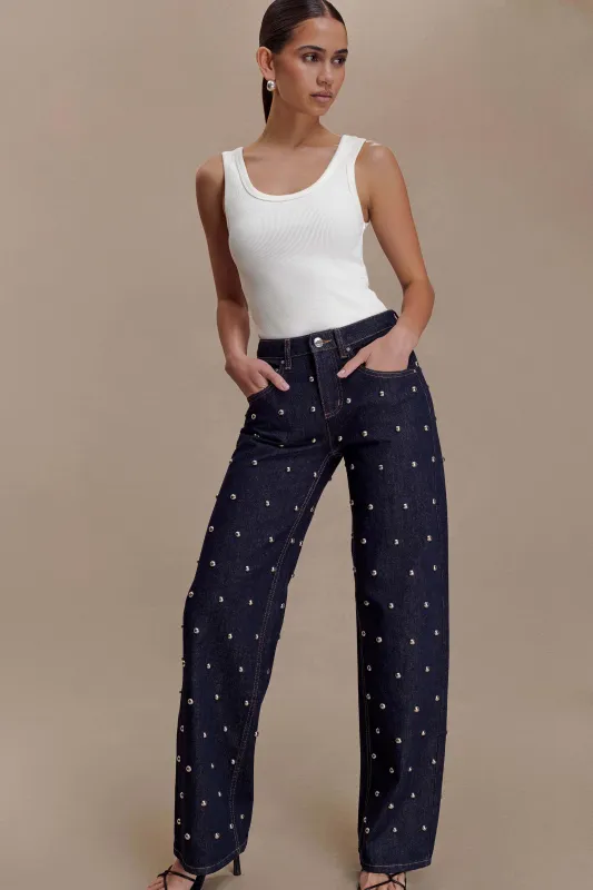 Alima Mid Rise Stud Denim Jeans - Washed Indigo Blue sold by Meshki