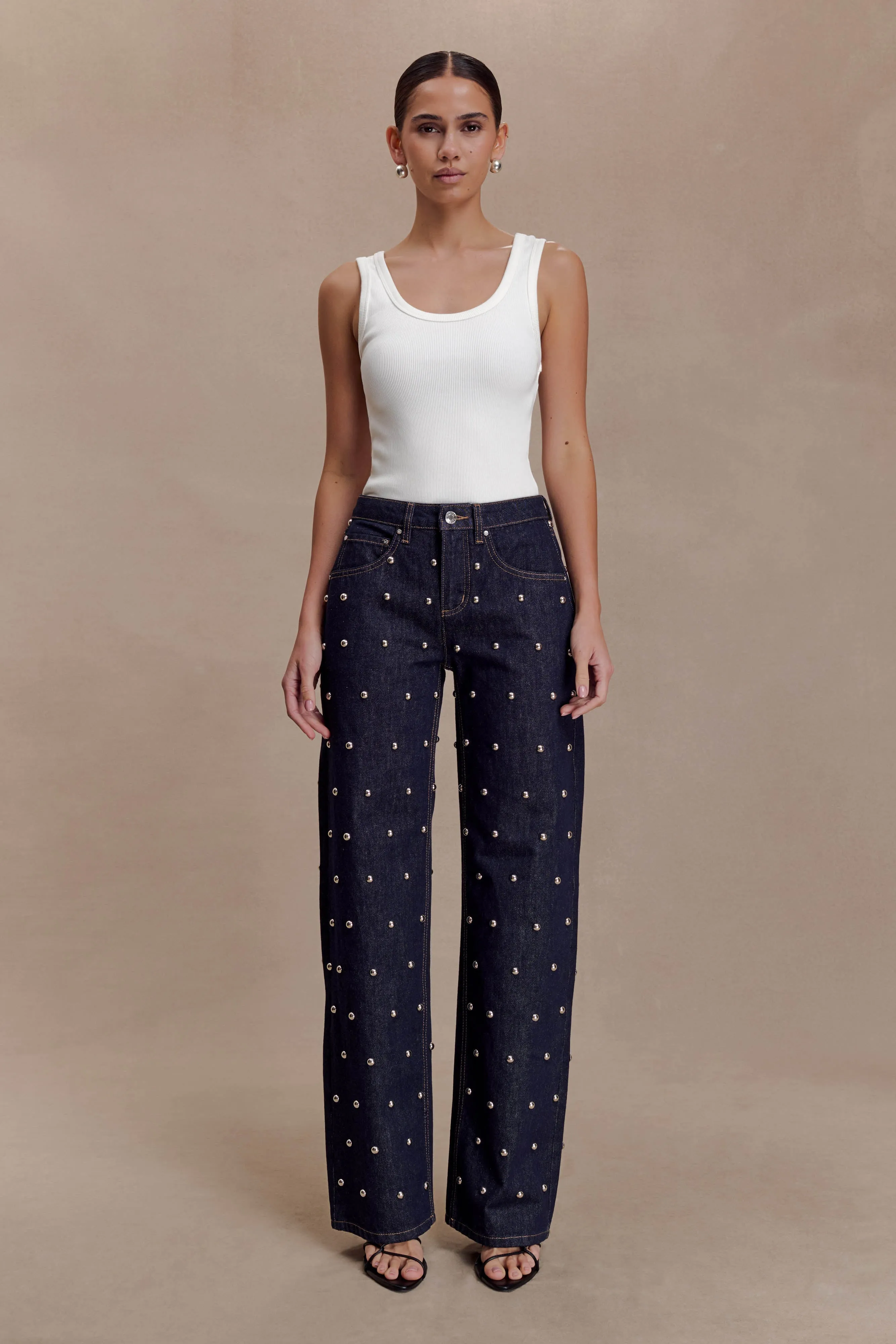 Alima Mid Rise Stud Denim Jeans - Washed Indigo Blue sold by Meshki product image thumbnail 5