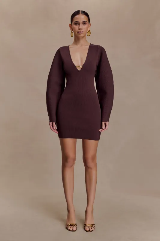 Billy Balloon Sleeve Knit Mini Dress - Dark Chocolate sold by Meshki