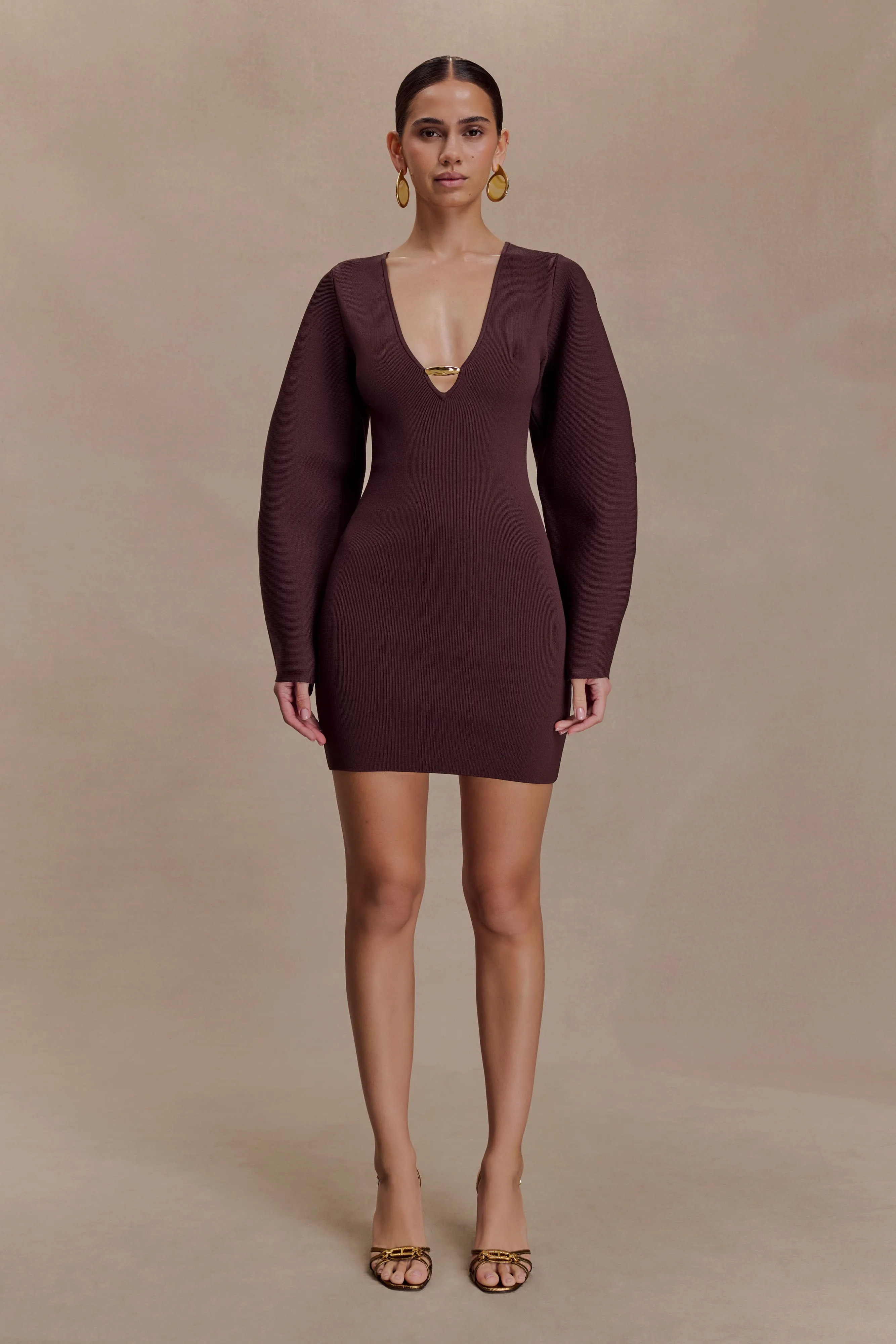 Billy Balloon Sleeve Knit Mini Dress - Dark Chocolate sold by Meshki