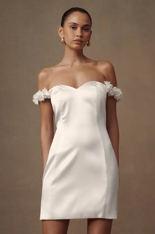 Karrie Satin Rose Mini Dress - White sold by Meshki