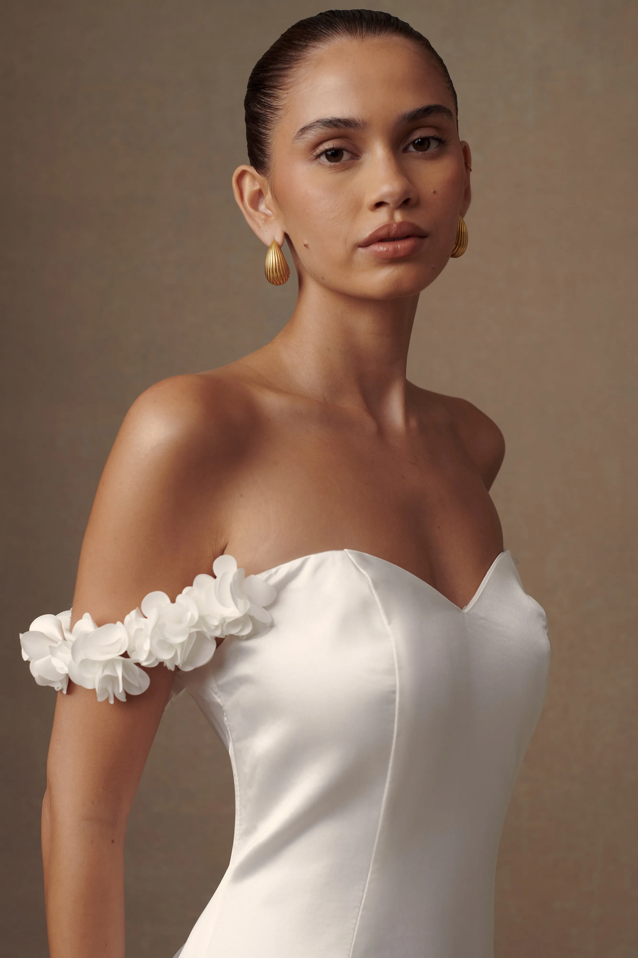 Karrie Satin Rose Mini Dress - White sold by Meshki product image thumbnail 3