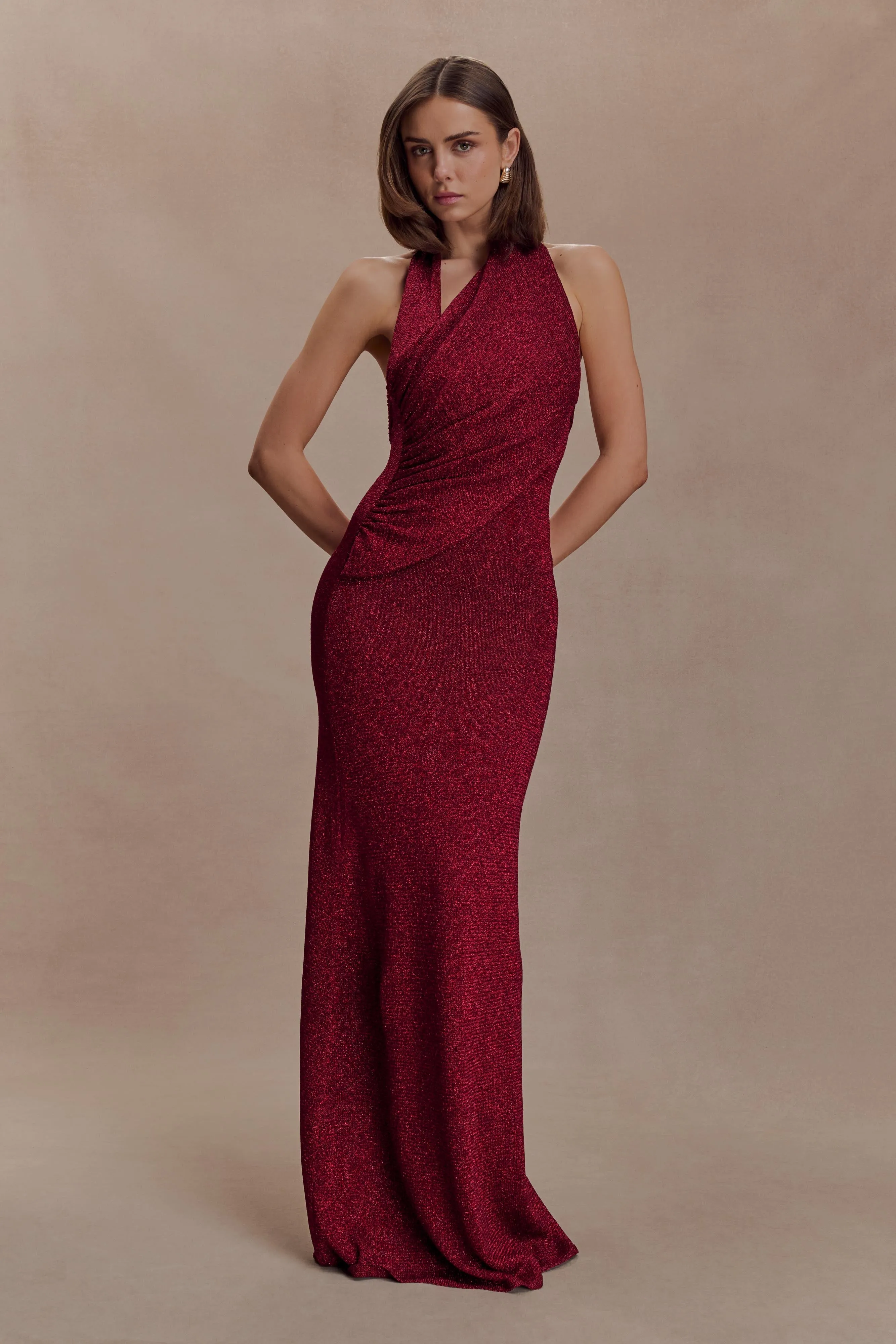 Elma Lurex Knit Halter Maxi Dress - Deep Red sold by Meshki