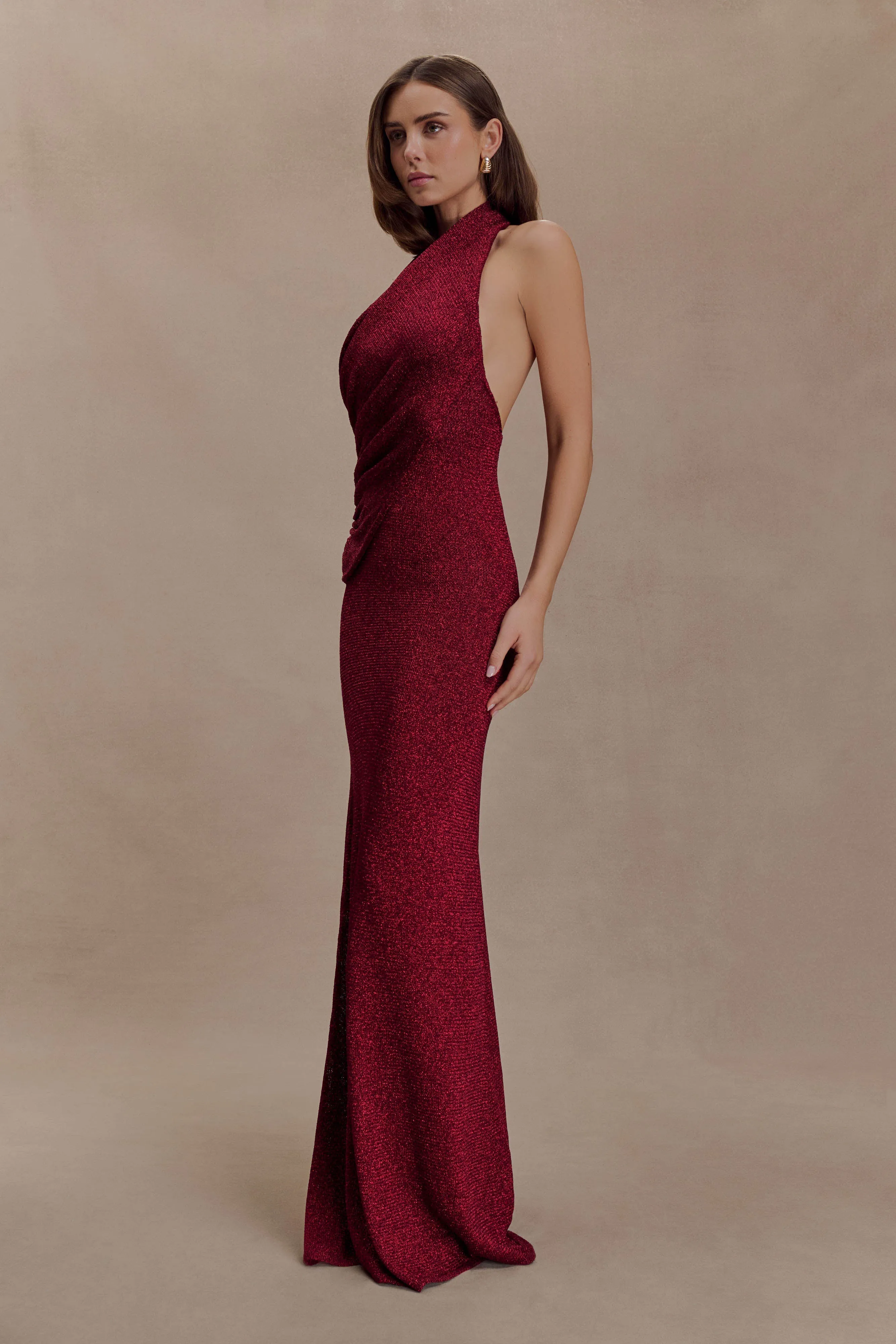 Elma Lurex Knit Halter Maxi Dress - Deep Red sold by Meshki product image thumbnail 3