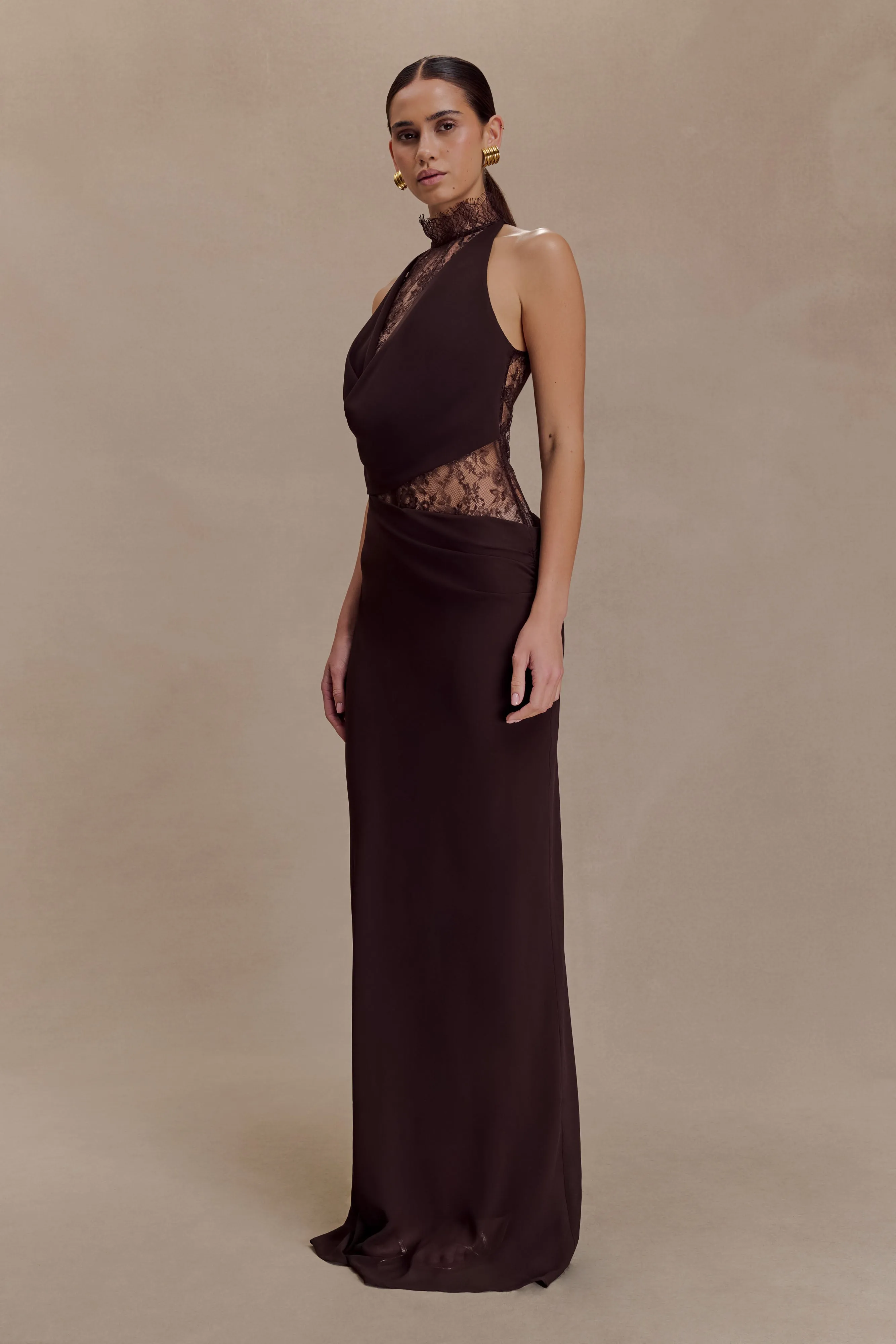 Arra Chiffon And Lace Halter Maxi Dress - Cacao Brown sold by Meshki product image thumbnail 4