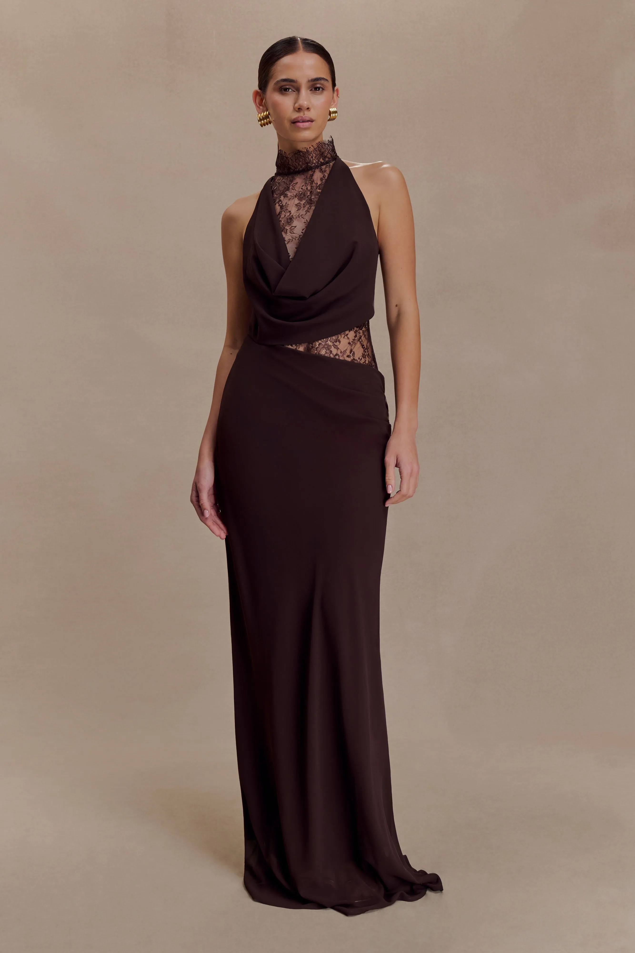 Arra Chiffon And Lace Halter Maxi Dress - Cacao Brown sold by Meshki
