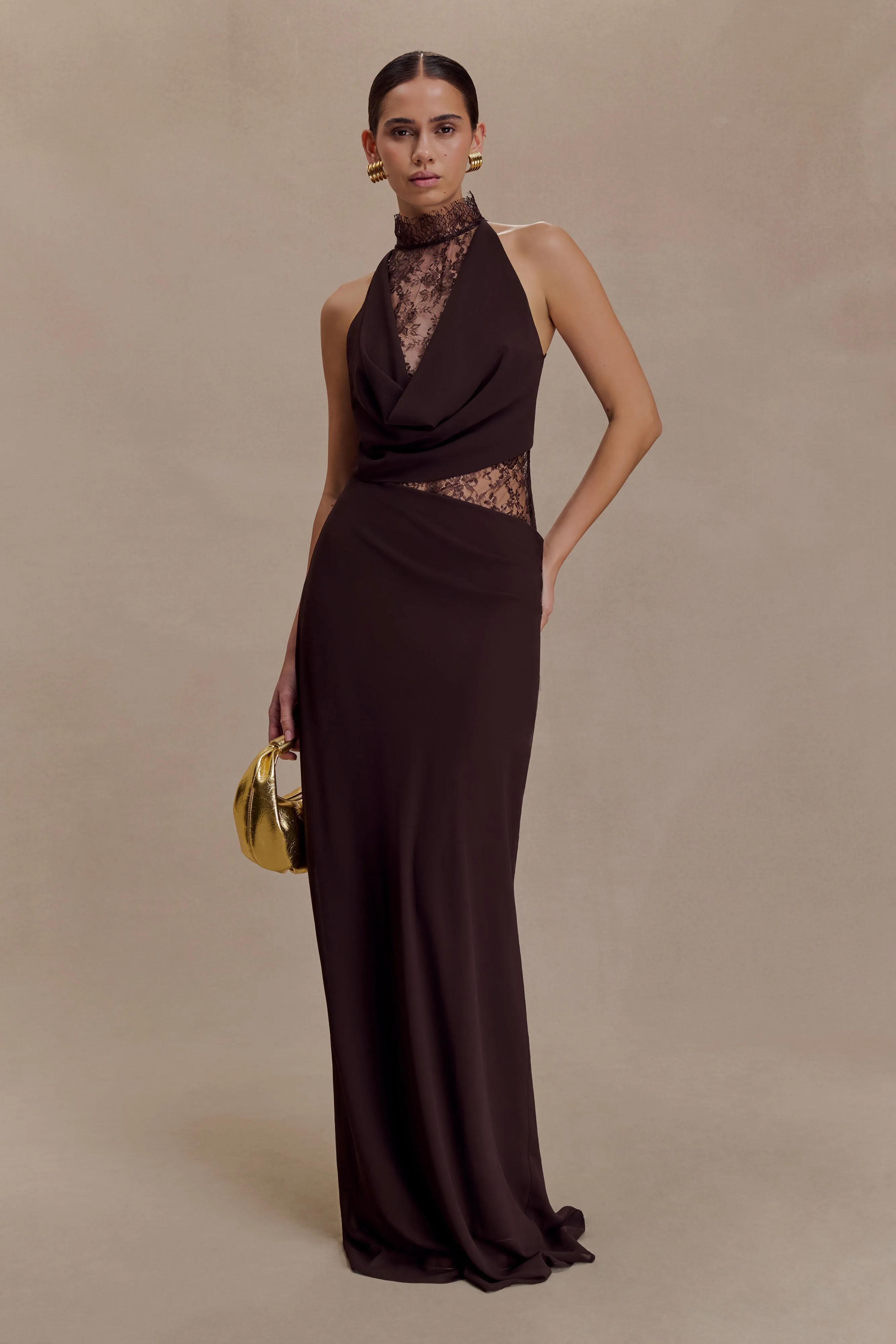 Arra Chiffon And Lace Halter Maxi Dress - Cacao Brown sold by Meshki product image thumbnail 5