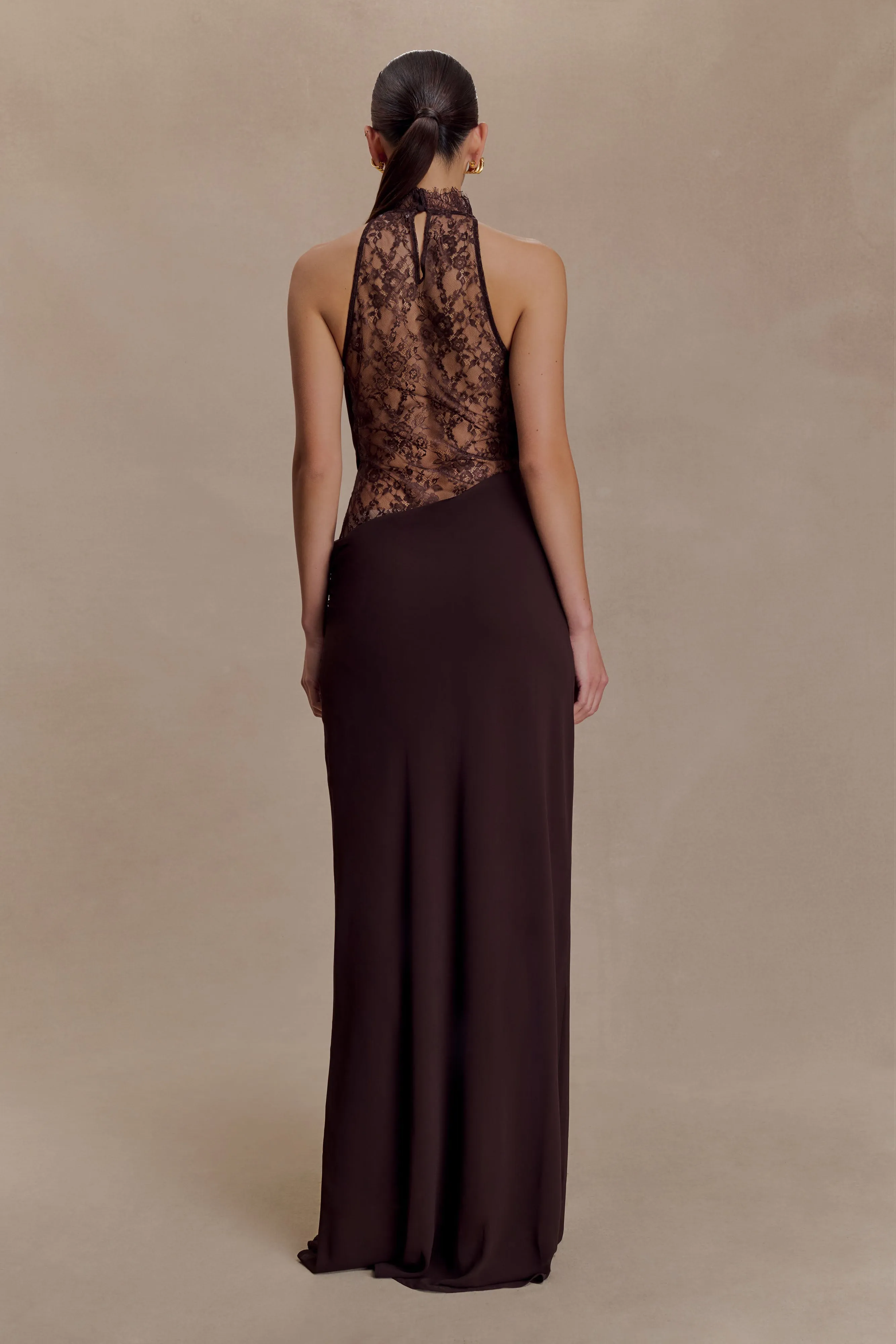 Arra Chiffon And Lace Halter Maxi Dress - Cacao Brown sold by Meshki product image thumbnail 2