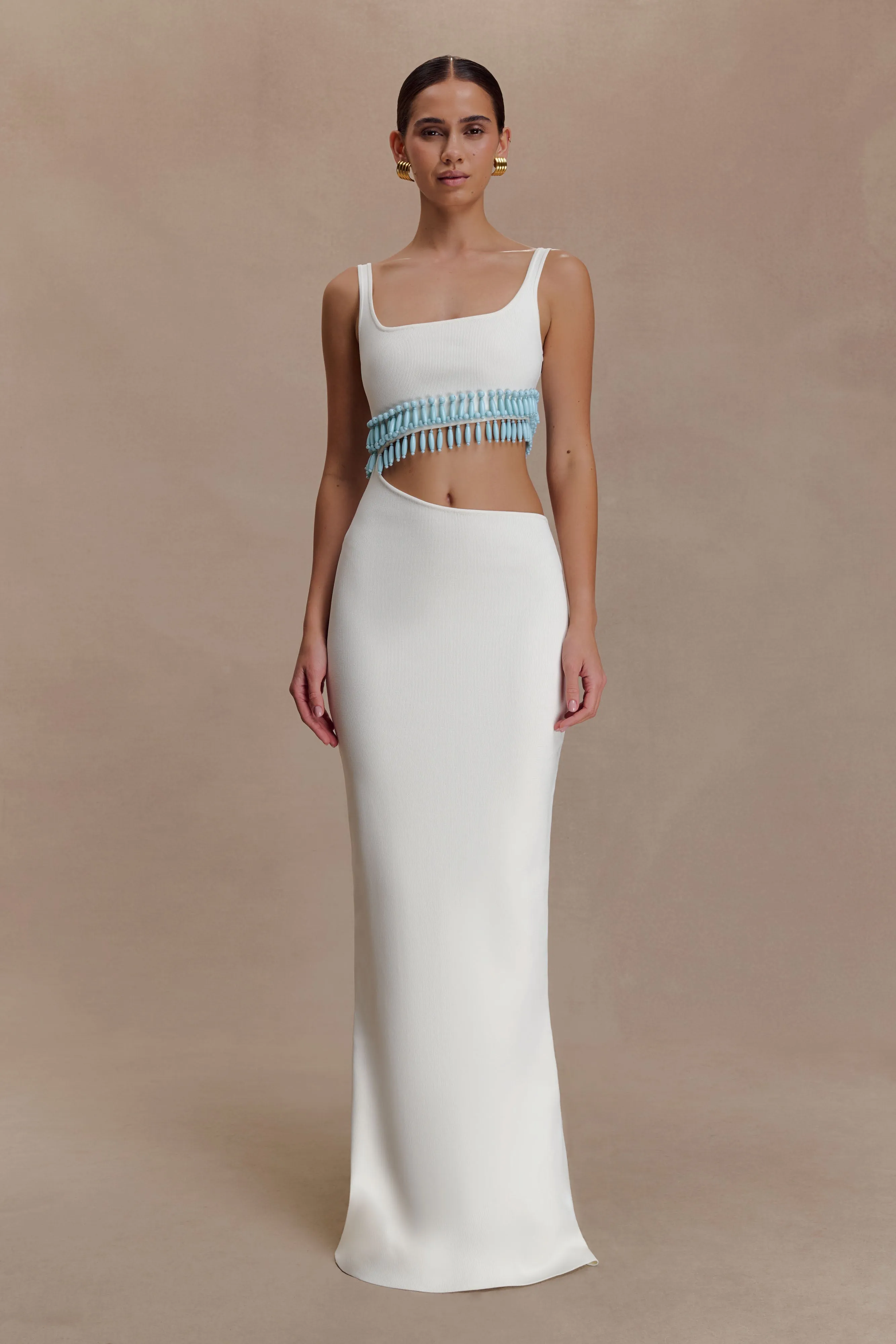 Ruvic Knit Maxi Beaded Dress - White sold by Meshki