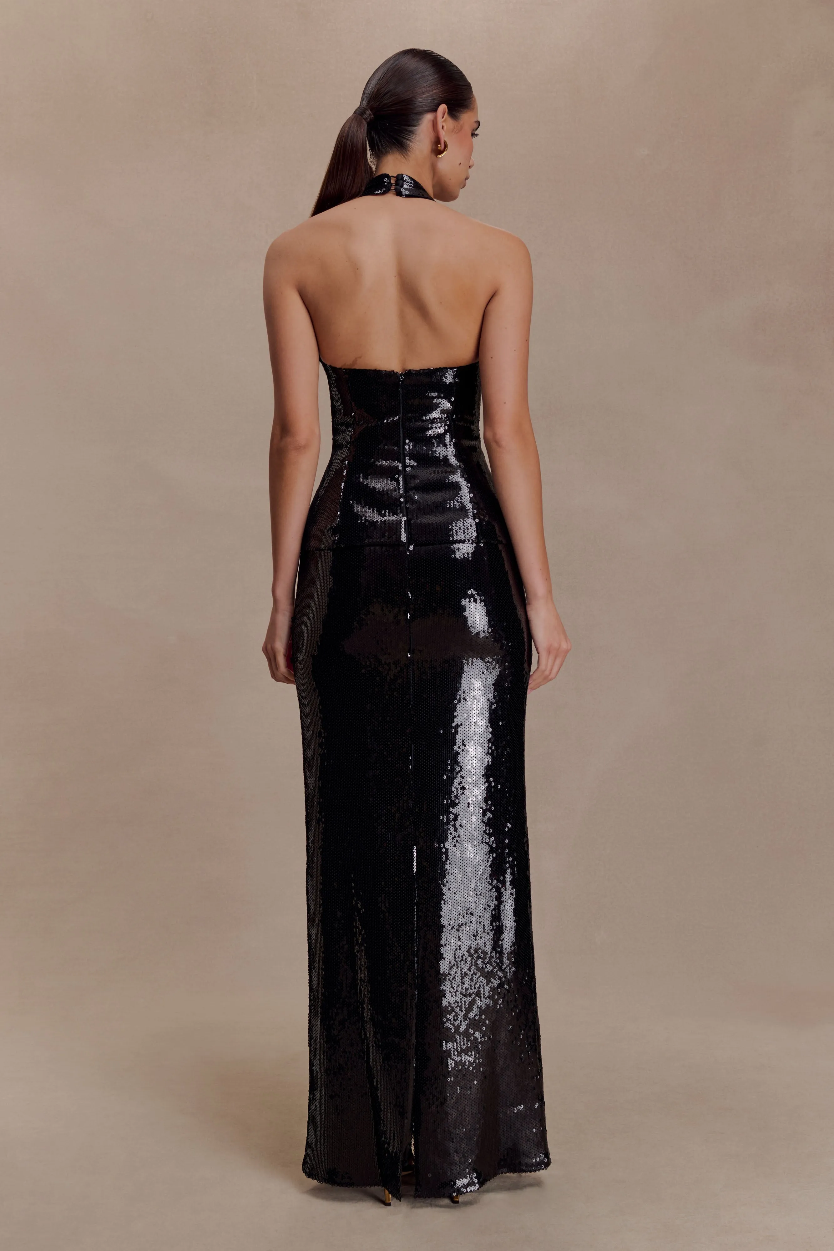 Bertie Sequin Peplum Halter Maxi Dress - Black sold by Meshki product image thumbnail 3