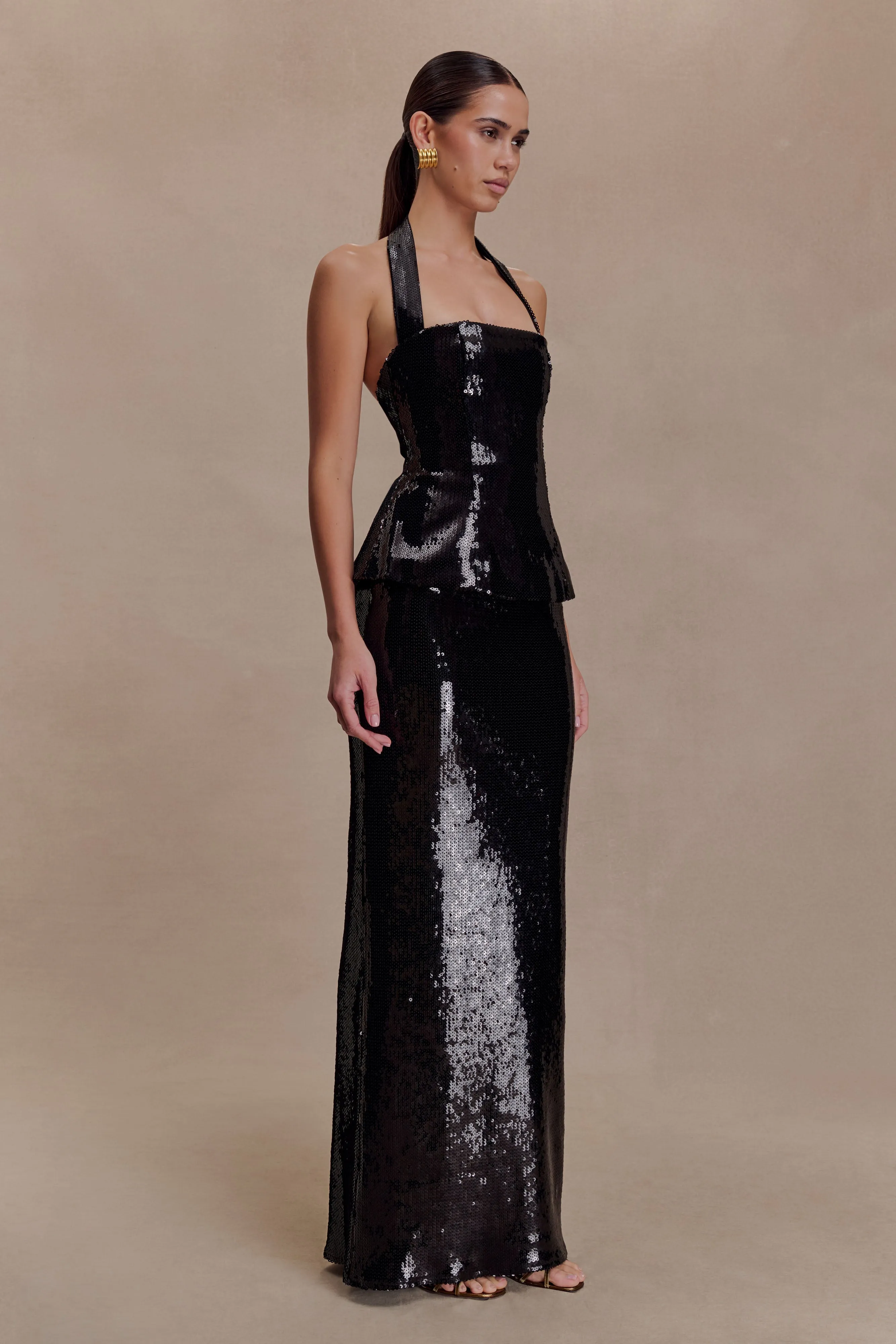 Bertie Sequin Peplum Halter Maxi Dress - Black sold by Meshki product image thumbnail 4