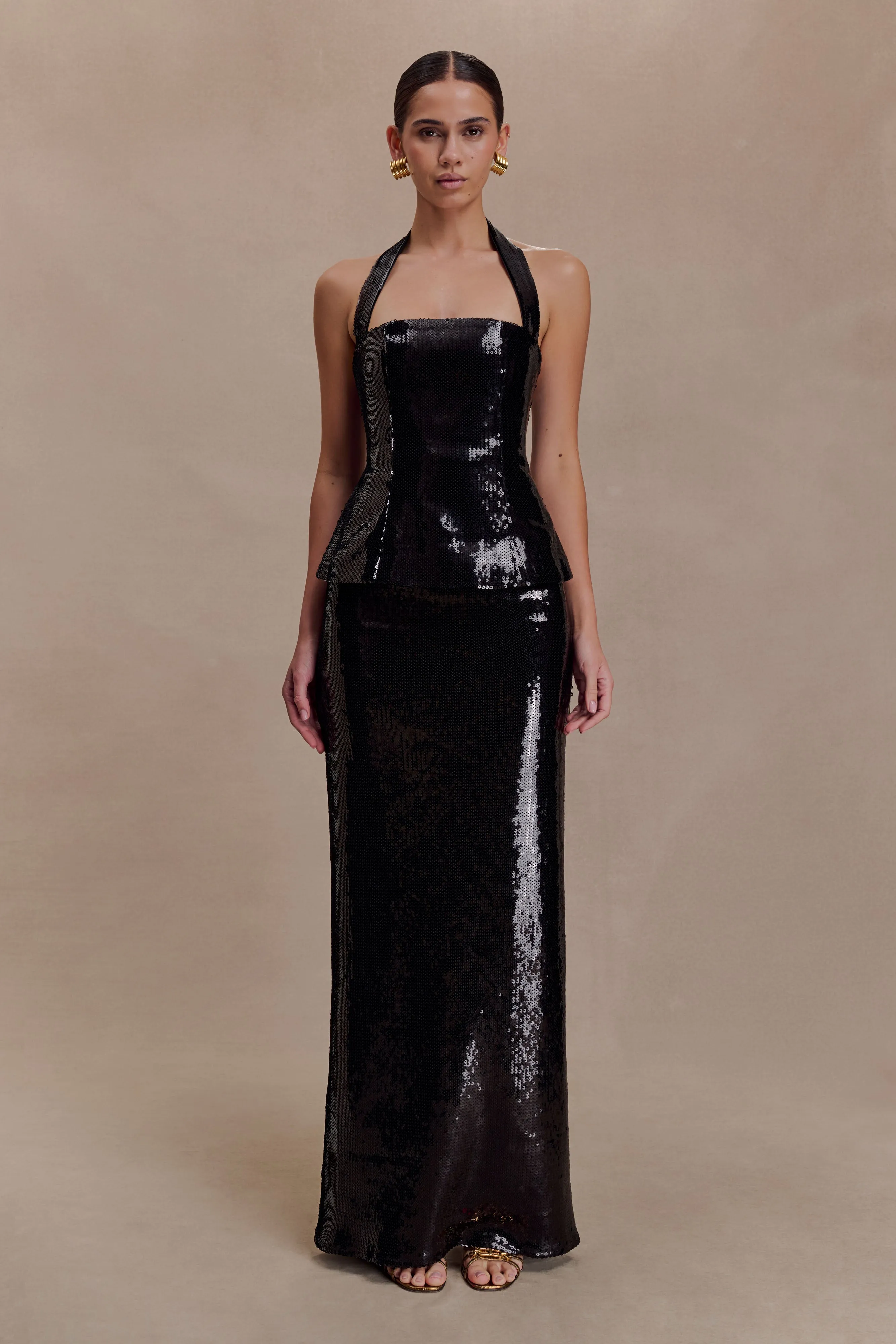 Bertie Sequin Peplum Halter Maxi Dress - Black sold by Meshki product image thumbnail 5