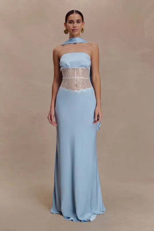 Pilar Strapless Satin And Lace Maxi Dress - Cornflower Blue sold by Meshki