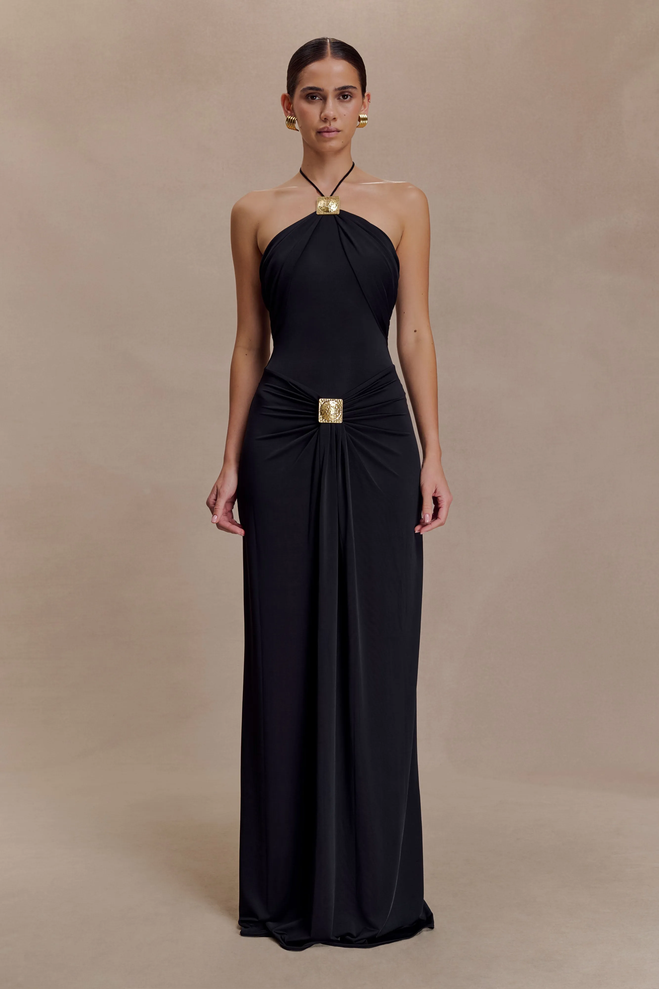 Quincy Halter Maxi Dress With Hardware - Black sold by Meshki