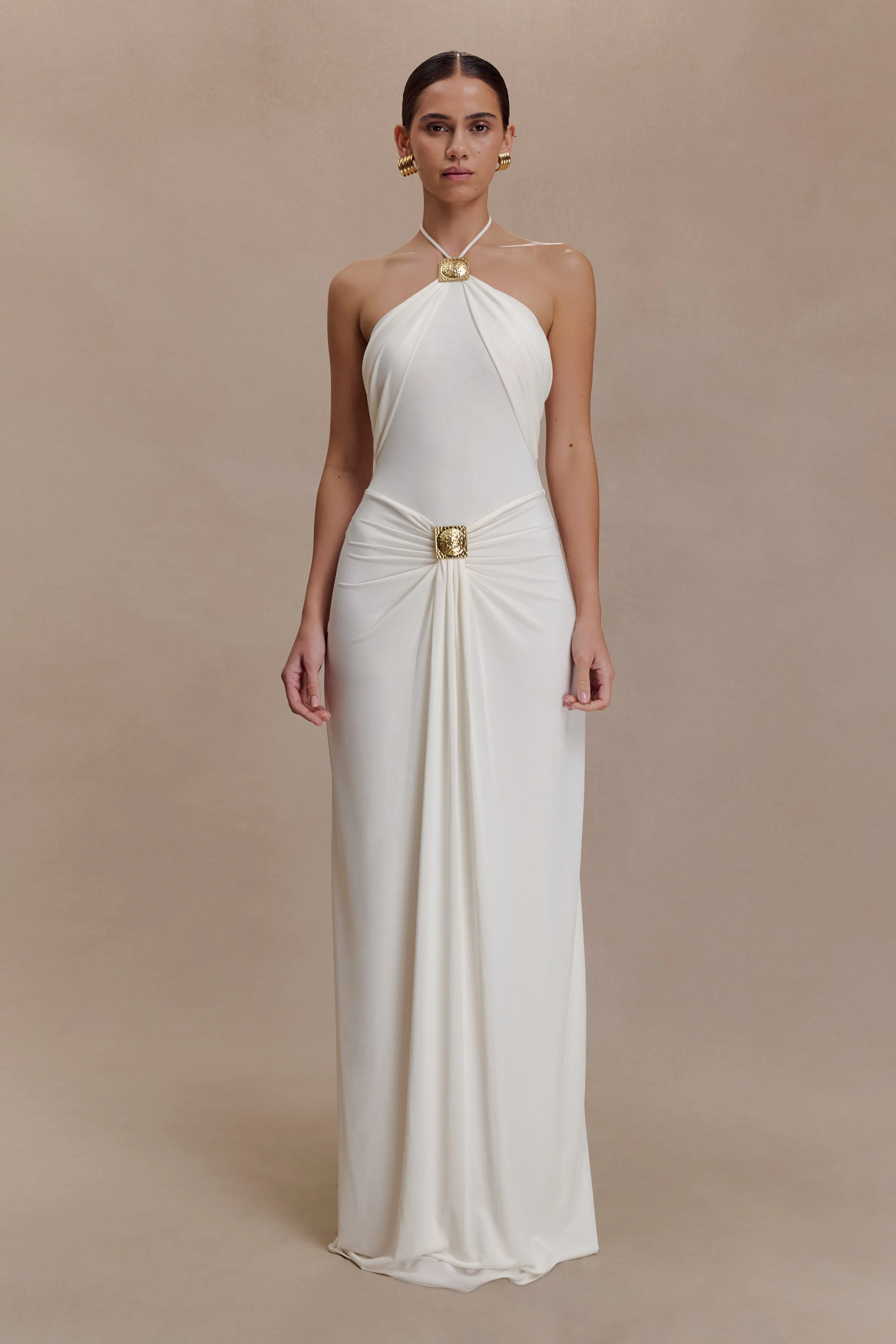 Quincy Halter Maxi Dress With Hardware - Ivory sold by Meshki