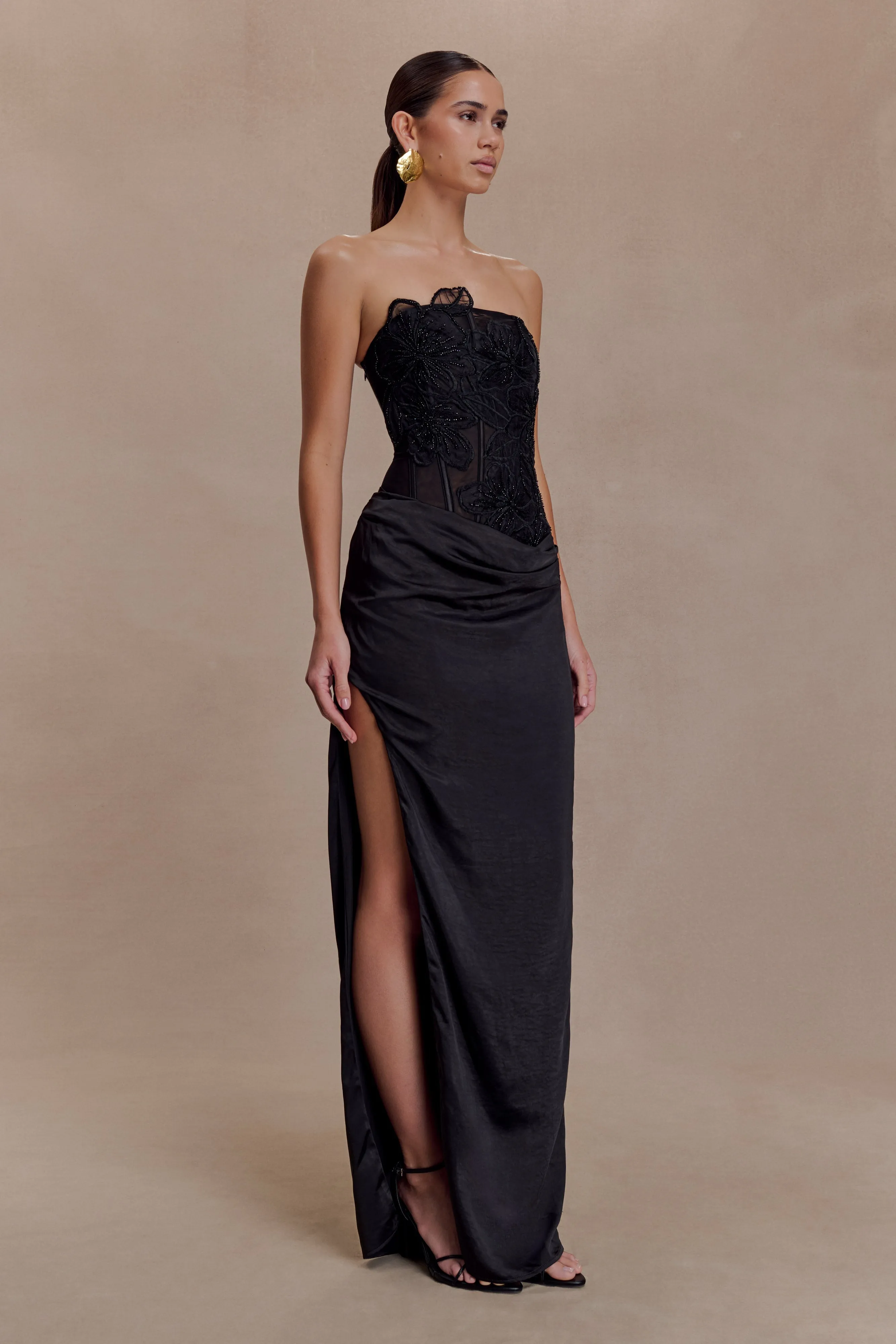 Asha Floral Mesh And Satin Maxi Dress - Black sold by Meshki product image thumbnail 3