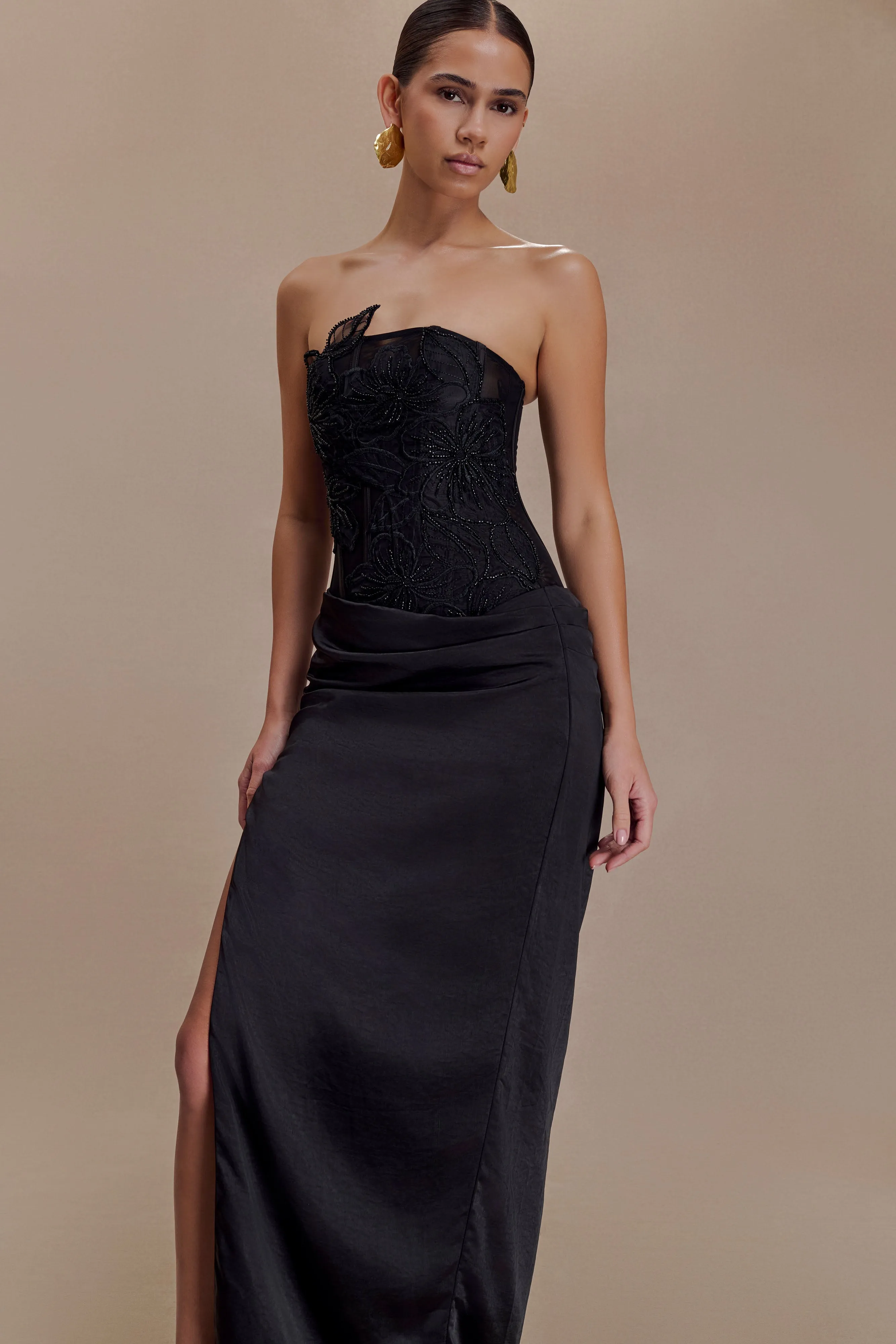 Asha Floral Mesh And Satin Maxi Dress - Black sold by Meshki product image thumbnail 5