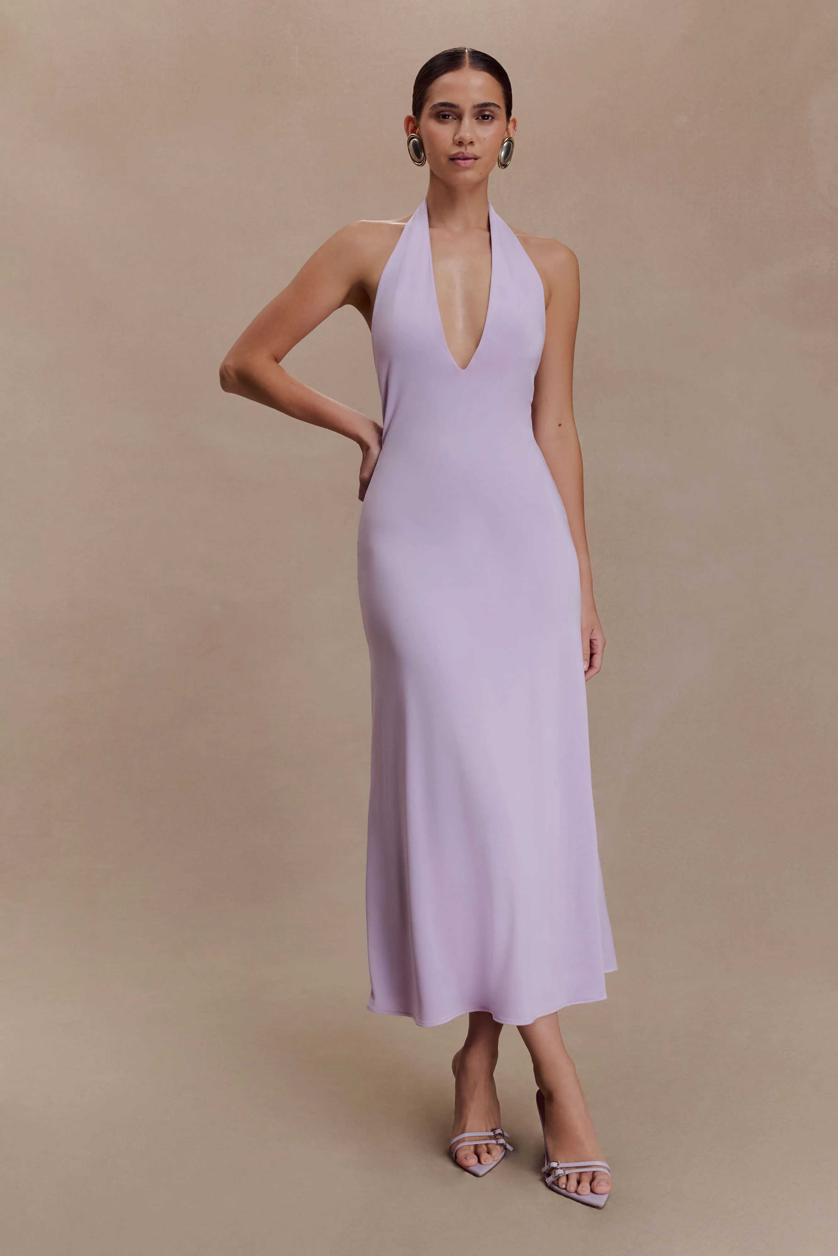 Genie Slinky Halter Midi Dress - Lilac sold by Meshki product image thumbnail 5
