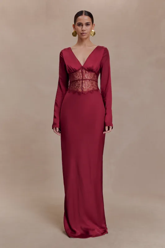 Kaya Long Sleeve Satin And Mesh Maxi Dress - Wine sold by Meshki