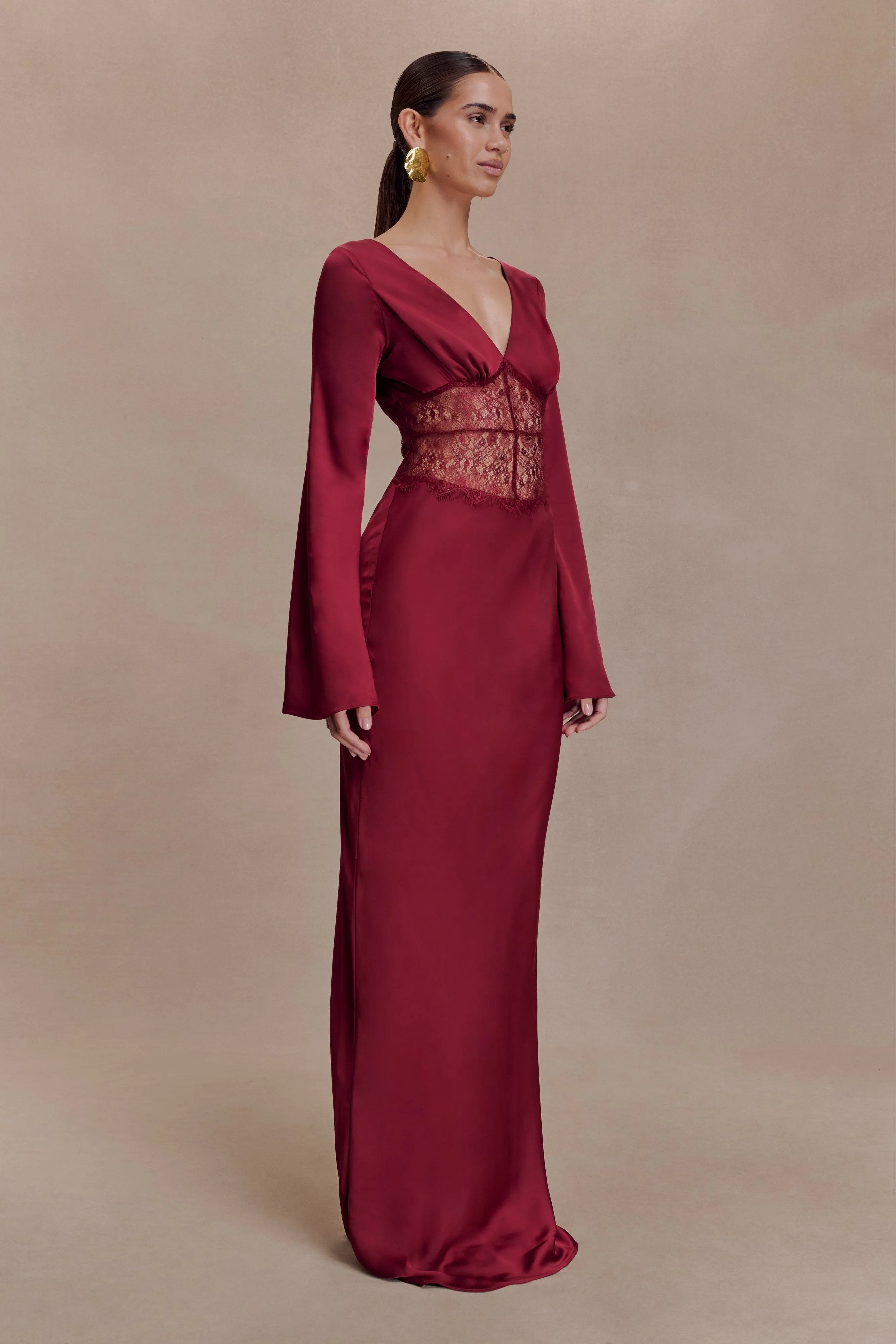 Kaya Long Sleeve Satin And Mesh Maxi Dress - Wine sold by Meshki product image thumbnail 3
