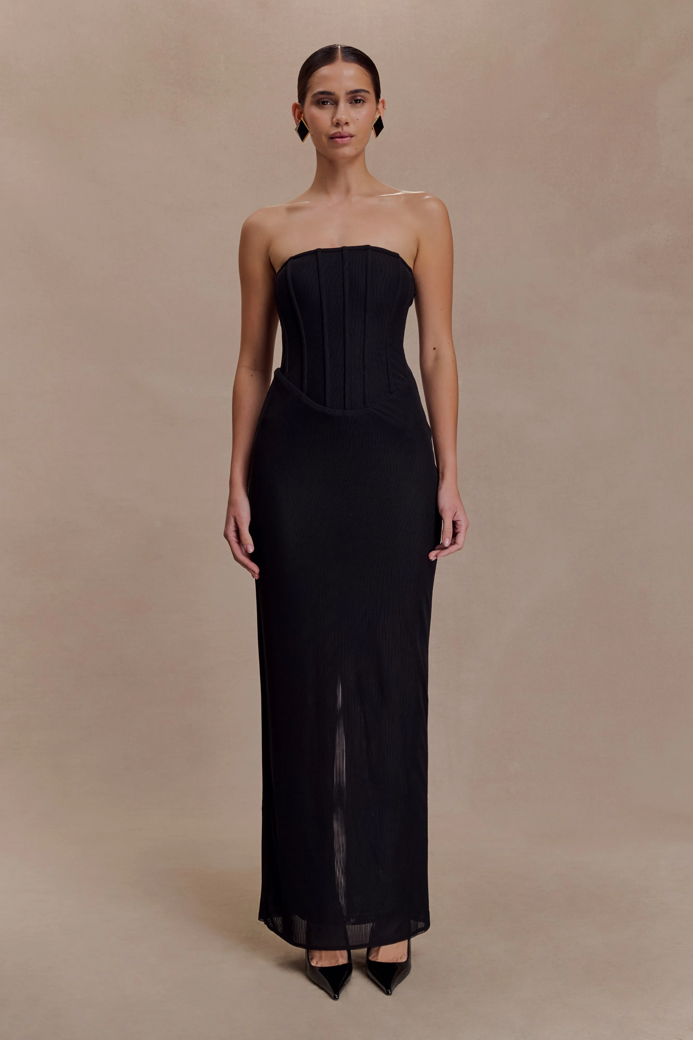 Gemma Strapless Mesh Maxi Dress - Black sold by Meshki