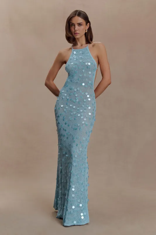 Carmen Crochet Sequin Maxi Open Back Dress - Blue sold by Meshki